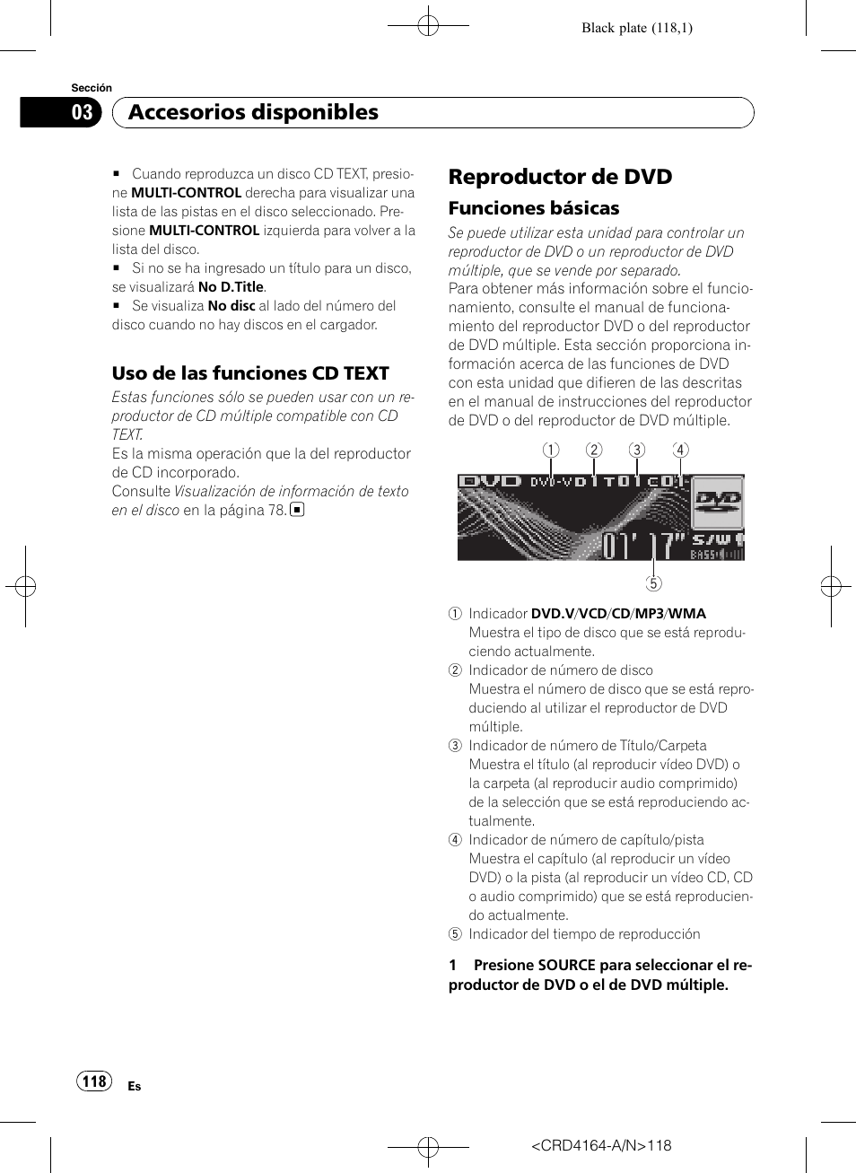 Uso de las funciones cd text 118, Reproductor de dvd, Funciones básicas 118 | Accesorios disponibles | Pioneer SUPER TUNERIII D DEH-P7950UB User Manual | Page 118 / 132