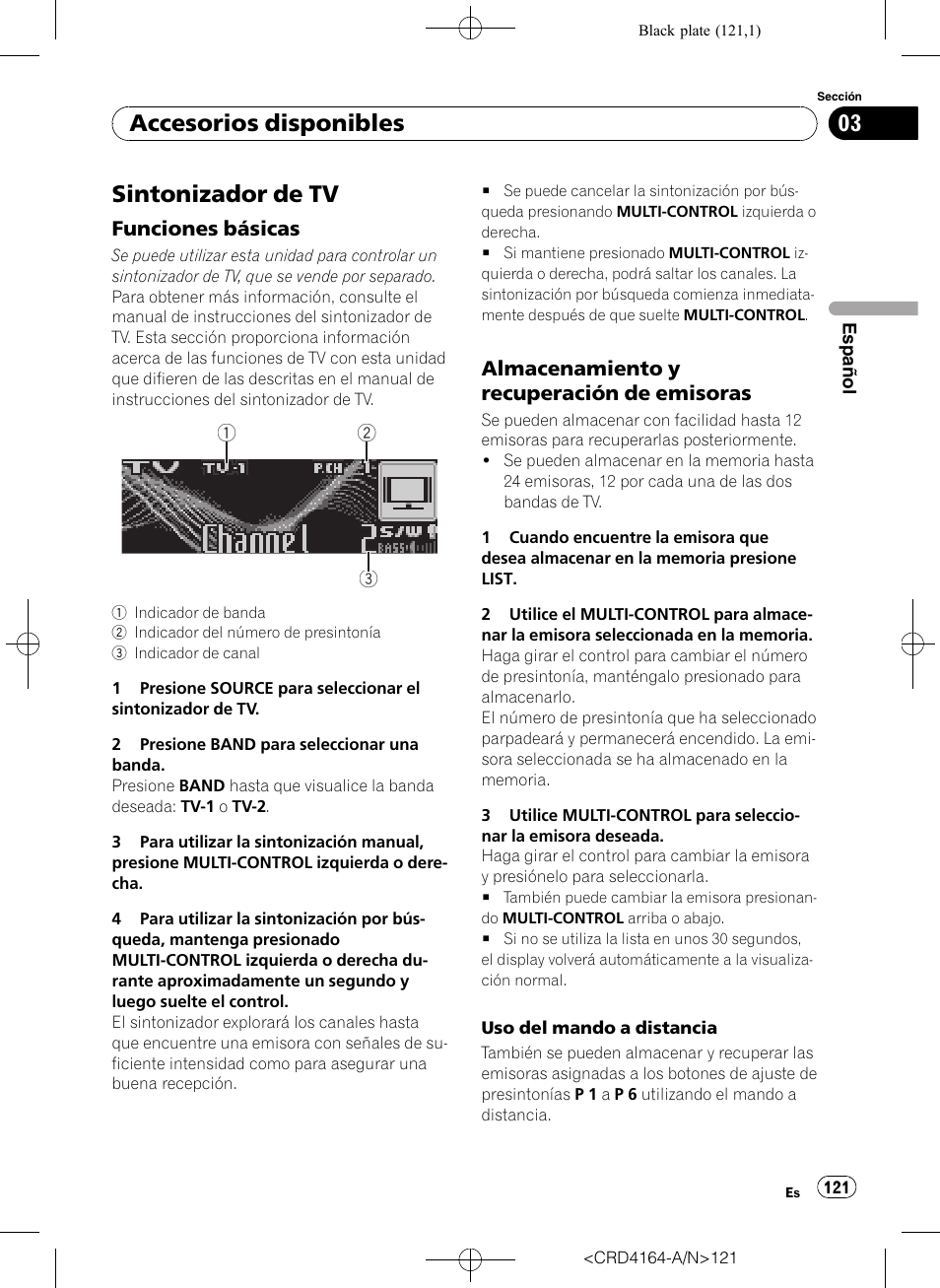 Sintonizador de tv, Funciones básicas 121, Almacenamiento y recuperación de | Emisoras, Accesorios disponibles | Pioneer SUPER TUNERIII D DEH-P7950UB User Manual | Page 121 / 132