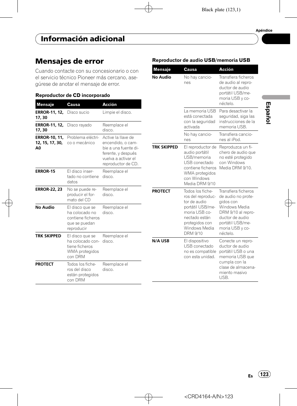 Información adicional mensajes de error, Mensajes de error, Información adicional | Español | Pioneer SUPER TUNERIII D DEH-P7950UB User Manual | Page 123 / 132