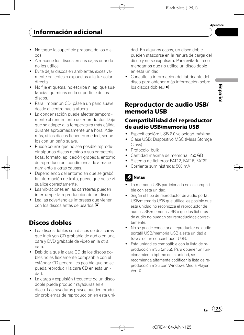 Discos dobles, Reproductor de audio usb/memoria, Compatibilidad del reproductor de | Audio usb/memoria usb, Información adicional | Pioneer SUPER TUNERIII D DEH-P7950UB User Manual | Page 125 / 132