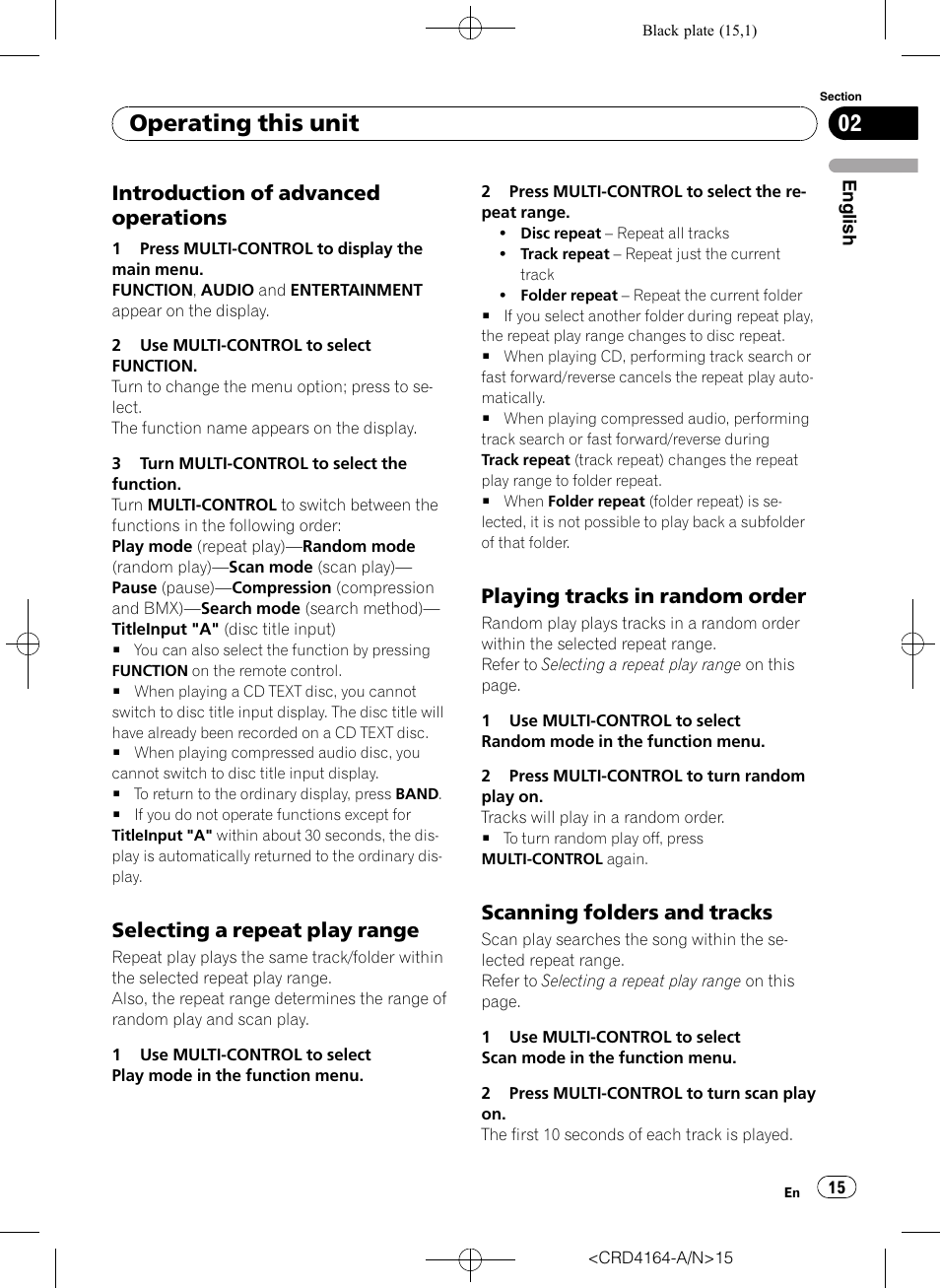 Introduction of advanced, Operations, Selecting a repeat play range 15 | Playing tracks in random order 15, Scanning folders and tracks 15, Operating this unit, Introduction of advanced operations, Selecting a repeat play range, Playing tracks in random order, Scanning folders and tracks | Pioneer SUPER TUNERIII D DEH-P7950UB User Manual | Page 15 / 132