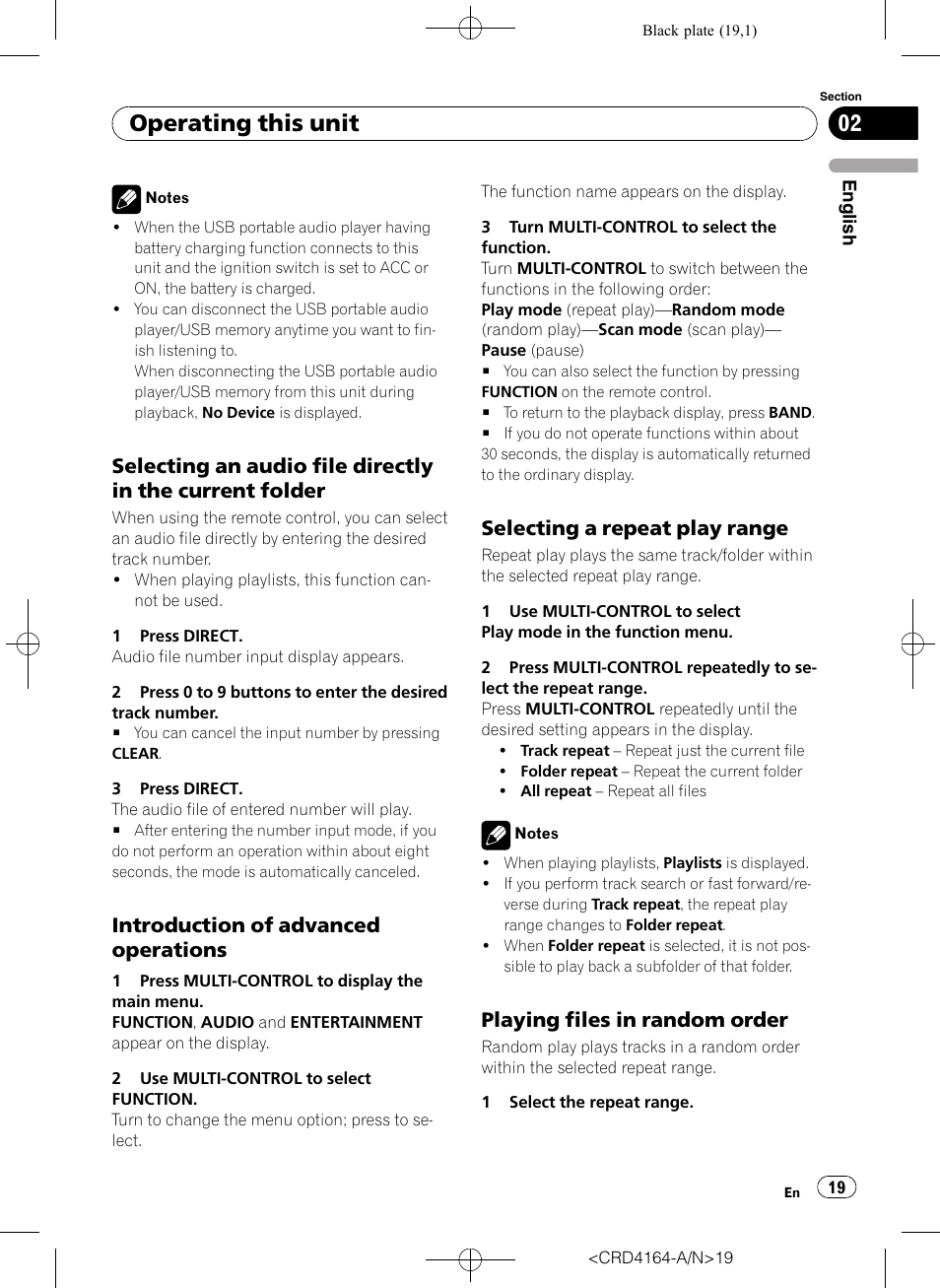 Selecting an audio file directly in the, Current folder, Introduction of advanced | Operations, Selecting a repeat play range 19, Playing files in random order 19, Operating this unit, Introduction of advanced operations, Selecting a repeat play range, Playing files in random order | Pioneer SUPER TUNERIII D DEH-P7950UB User Manual | Page 19 / 132