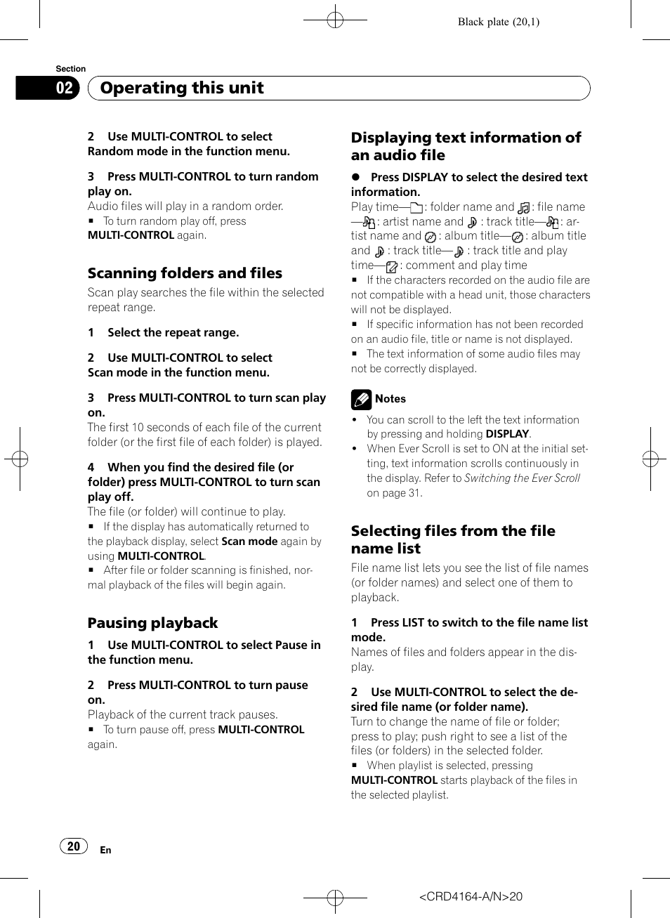 Scanning folders and files 20, Pausing playback 20, Displaying text information of an audio | File, Selecting files from the file name, List, Operating this unit, Scanning folders and files, Pausing playback, Displaying text information of an audio file | Pioneer SUPER TUNERIII D DEH-P7950UB User Manual | Page 20 / 132