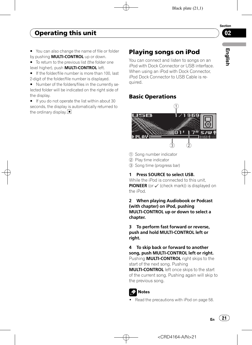 Playing songs on ipod, Basic operations 21, Operating this unit | Pioneer SUPER TUNERIII D DEH-P7950UB User Manual | Page 21 / 132