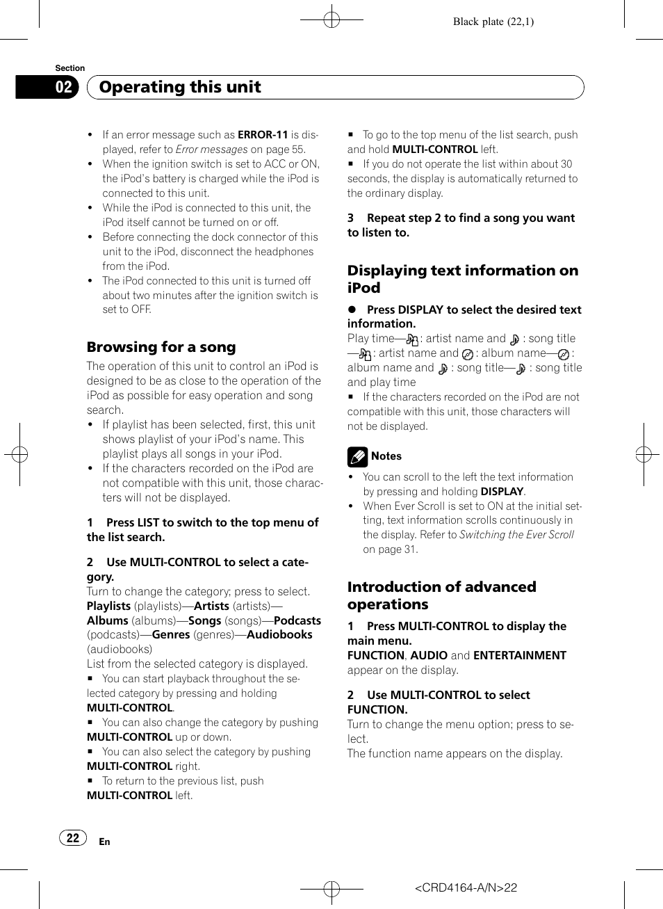 Browsing for a song 22, Displaying text information on, Ipod | Introduction of advanced, Operations, Operating this unit, Browsing for a song, Displaying text information on ipod, Introduction of advanced operations | Pioneer SUPER TUNERIII D DEH-P7950UB User Manual | Page 22 / 132