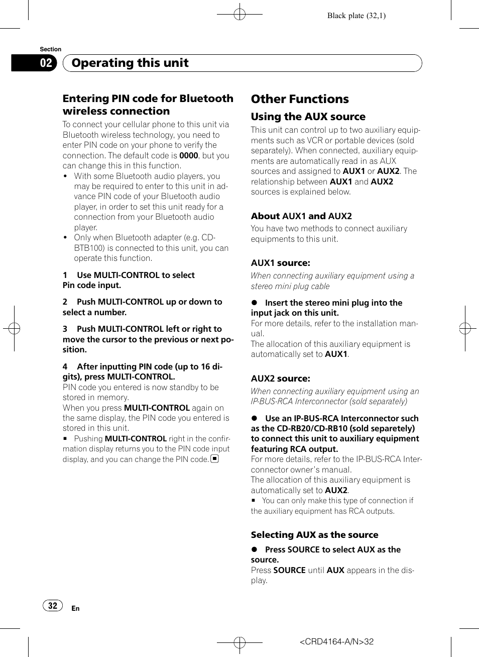 Entering pin code for bluetooth, Wireless connection, Other functions | Using the aux source 32, Operating this unit, Using the aux source | Pioneer SUPER TUNERIII D DEH-P7950UB User Manual | Page 32 / 132