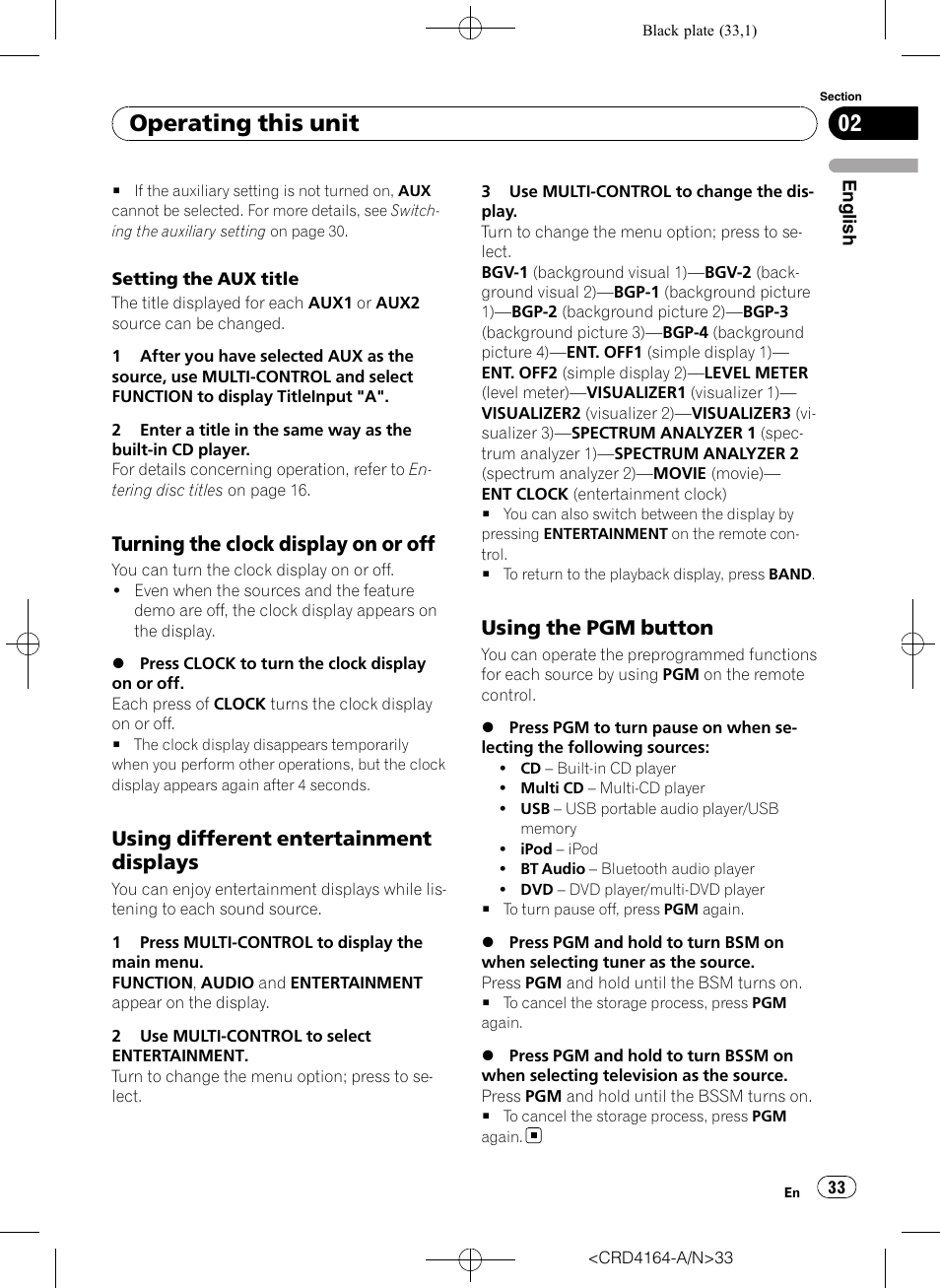 Turning the clock display on or off 33, Using different entertainment, Displays | Using the pgm button 33, Operating this unit, Turning the clock display on or off, Using different entertainment displays, Using the pgm button | Pioneer SUPER TUNERIII D DEH-P7950UB User Manual | Page 33 / 132