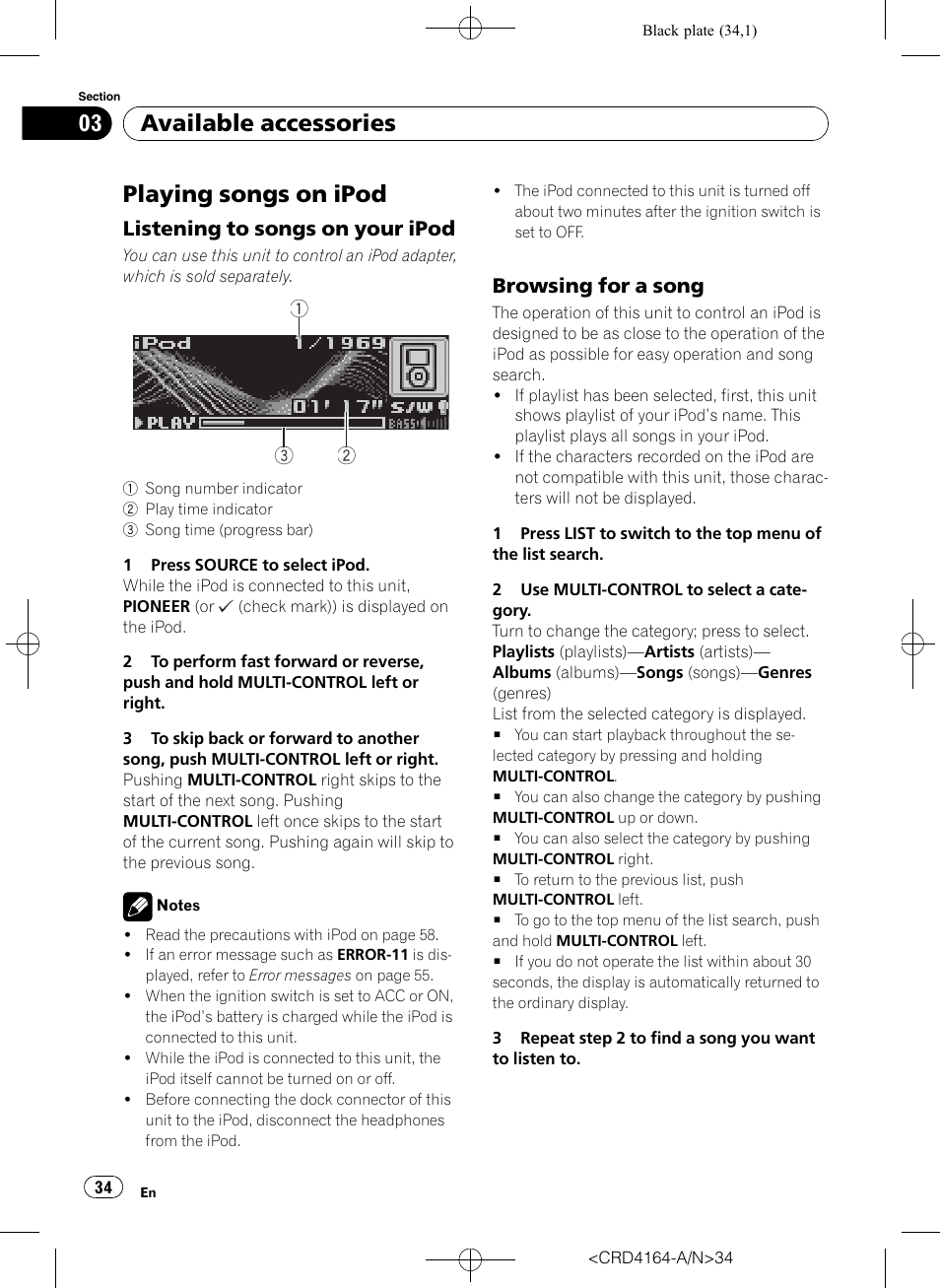 Available accessories playing songs on ipod, Listening to songs on your ipod 34, Browsing for a song 34 | Playing songs on ipod, Available accessories | Pioneer SUPER TUNERIII D DEH-P7950UB User Manual | Page 34 / 132
