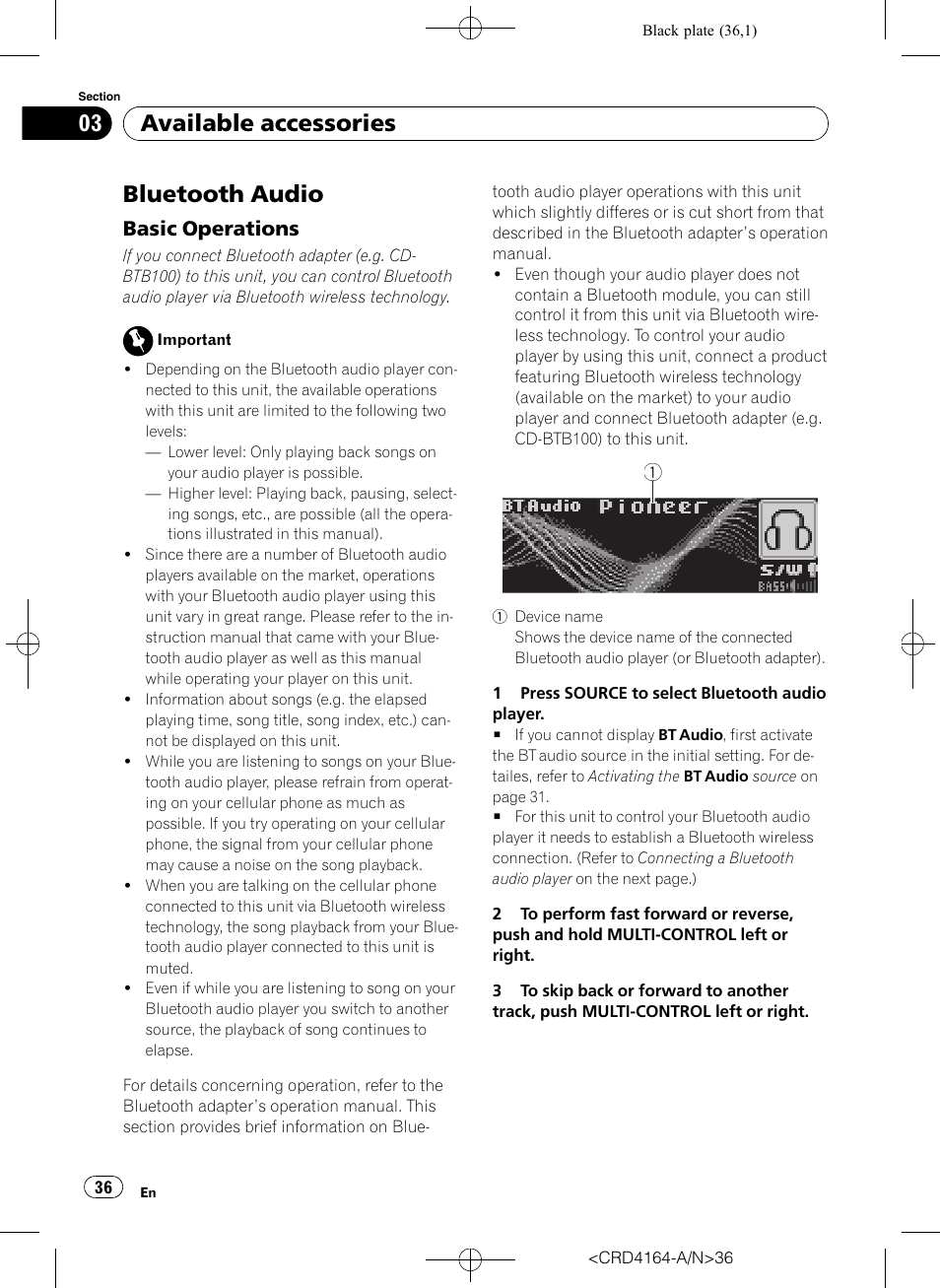 Bluetooth audio, Basic operations 36, Available accessories | Basic operations | Pioneer SUPER TUNERIII D DEH-P7950UB User Manual | Page 36 / 132