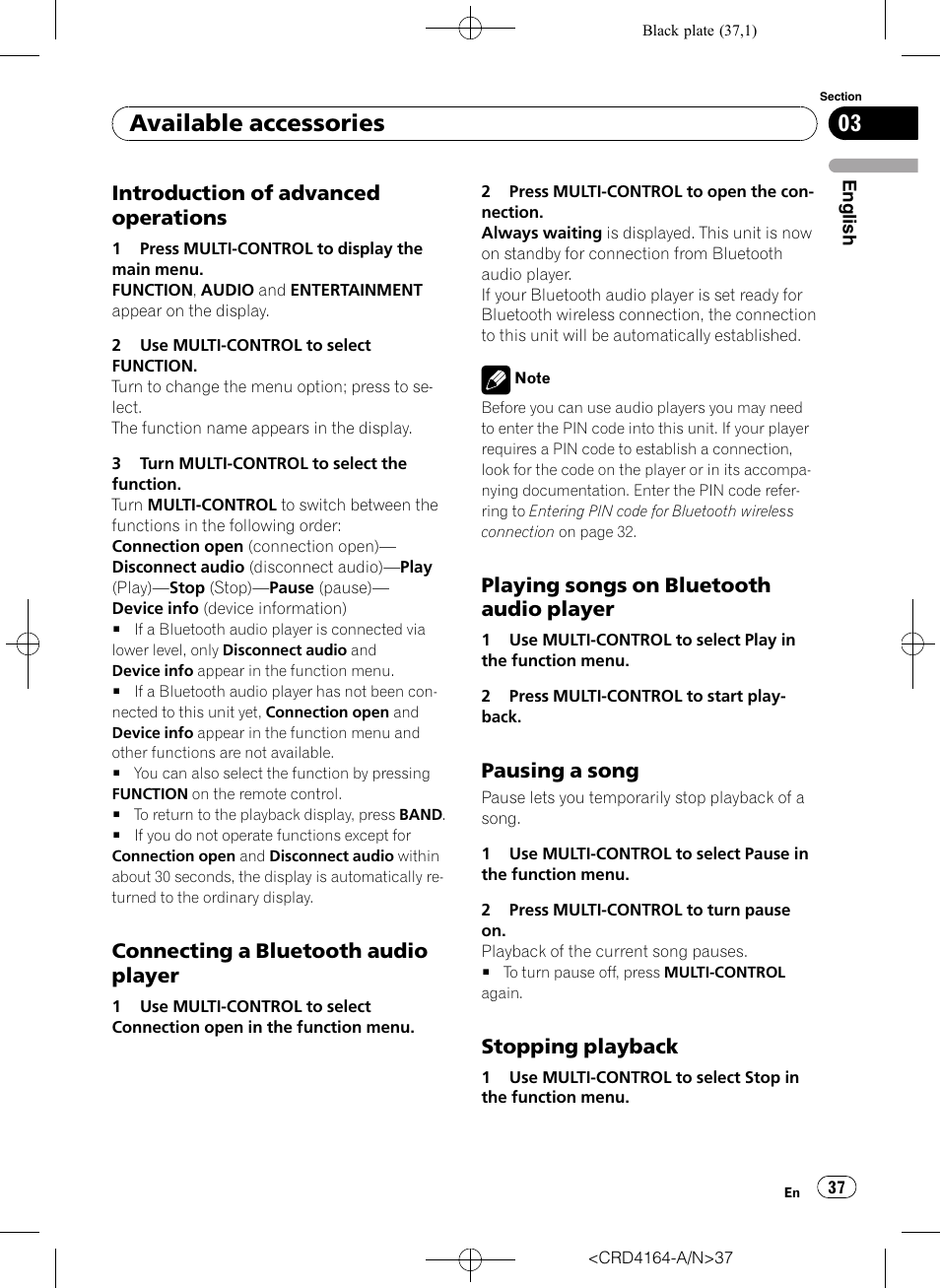Introduction of advanced, Operations, Connecting a bluetooth audio | Player, Playing songs on bluetooth audio, Pausing a song 37, Stopping playback 37, Available accessories, Introduction of advanced operations, Connecting a bluetooth audio player | Pioneer SUPER TUNERIII D DEH-P7950UB User Manual | Page 37 / 132