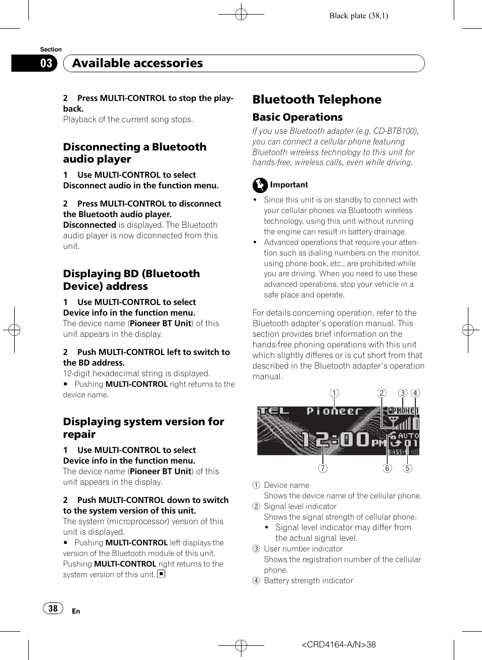 Disconnecting a bluetooth audio, Player, Displaying bd (bluetooth device) | Address, Displaying system version for, Repair, Bluetooth telephone, Basic operations 38, Available accessories | Pioneer SUPER TUNERIII D DEH-P7950UB User Manual | Page 38 / 132