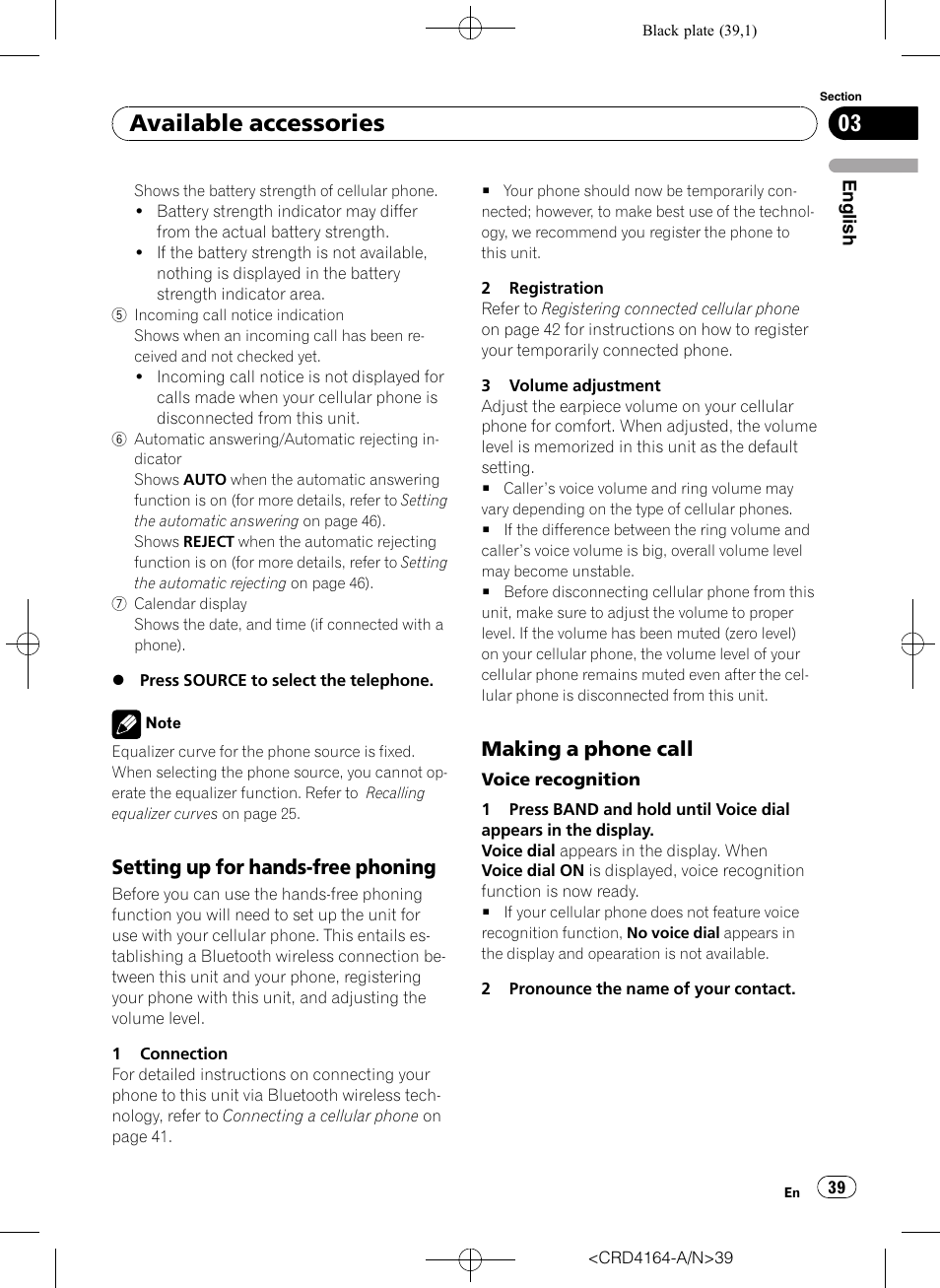 Setting up for hands-free phoning 39, Making a phone call 39, Available accessories | Setting up for hands-free phoning, Making a phone call | Pioneer SUPER TUNERIII D DEH-P7950UB User Manual | Page 39 / 132