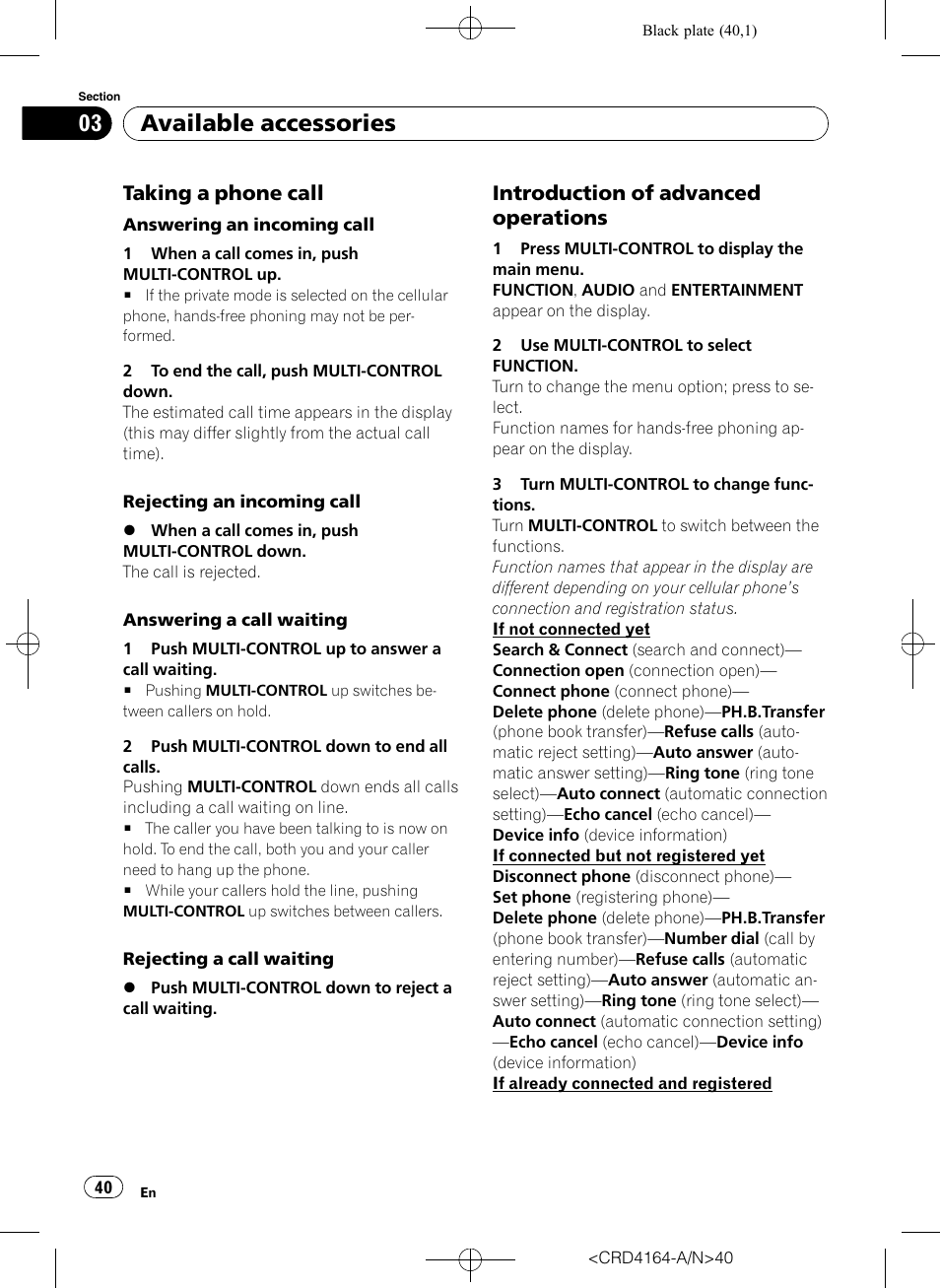 Taking a phone call 40, Introduction of advanced, Operations | Available accessories, Taking a phone call, Introduction of advanced operations | Pioneer SUPER TUNERIII D DEH-P7950UB User Manual | Page 40 / 132