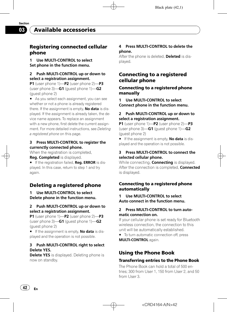 Registering connected cellular, Phone, Deleting a registered phone 42 | Connecting to a registered cellular, Using the phone book 42, Available accessories, Registering connected cellular phone, Deleting a registered phone, Connecting to a registered cellular phone, Using the phone book | Pioneer SUPER TUNERIII D DEH-P7950UB User Manual | Page 42 / 132