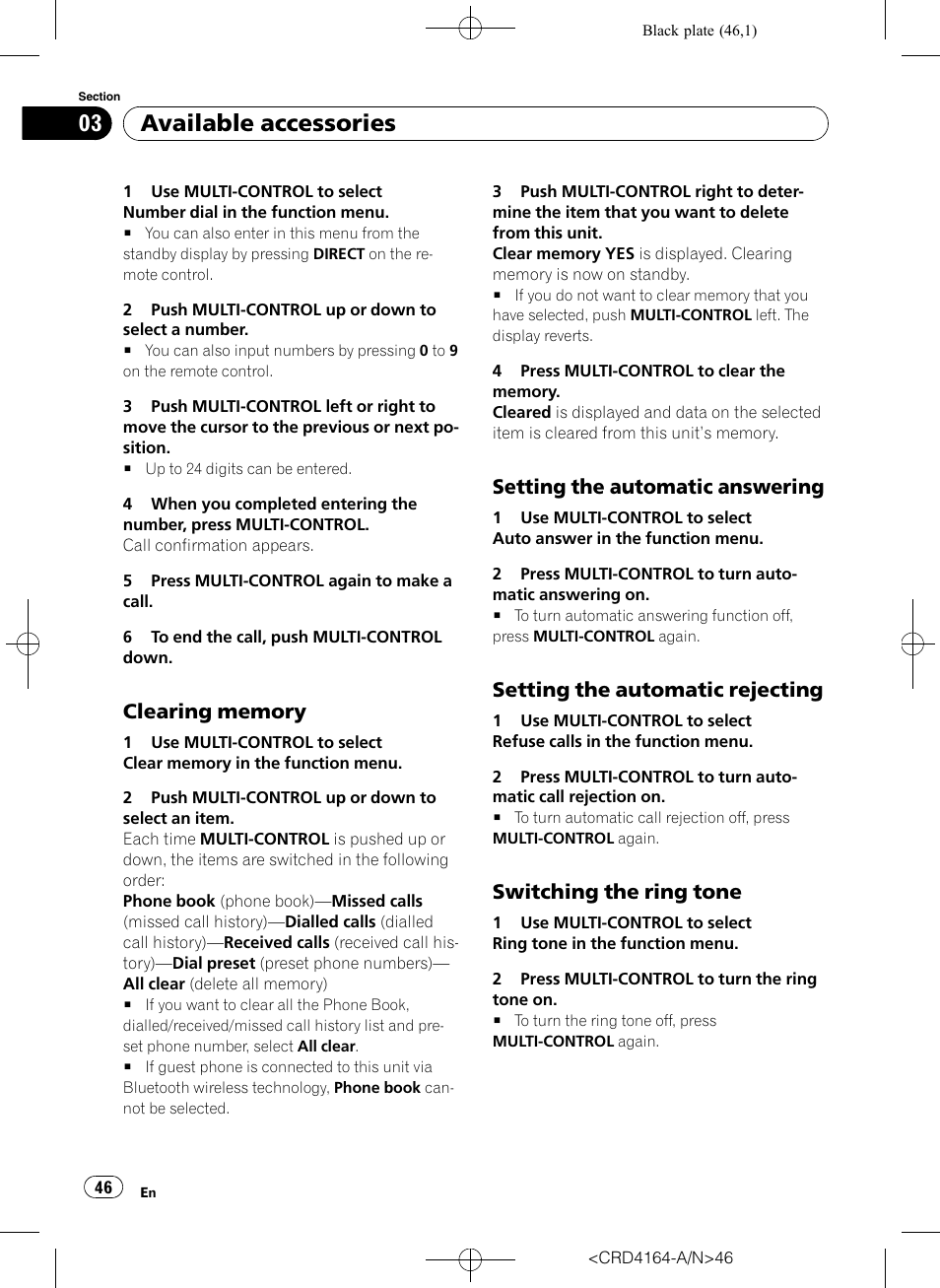Clearing memory 46, Setting the automatic answering 46, Setting the automatic rejecting 46 | Switching the ring tone 46, Available accessories, Setting the automatic answering, Setting the automatic rejecting, Switching the ring tone | Pioneer SUPER TUNERIII D DEH-P7950UB User Manual | Page 46 / 132