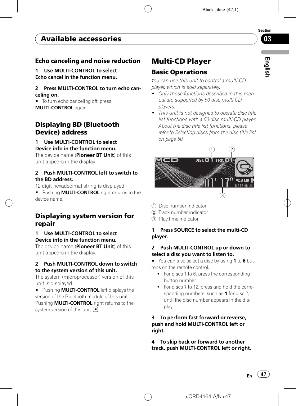 Echo canceling and noise, Reduction, Displaying bd (bluetooth device) | Address, Displaying system version for, Repair, Multi-cd player, Basic operations 47, Available accessories | Pioneer SUPER TUNERIII D DEH-P7950UB User Manual | Page 47 / 132