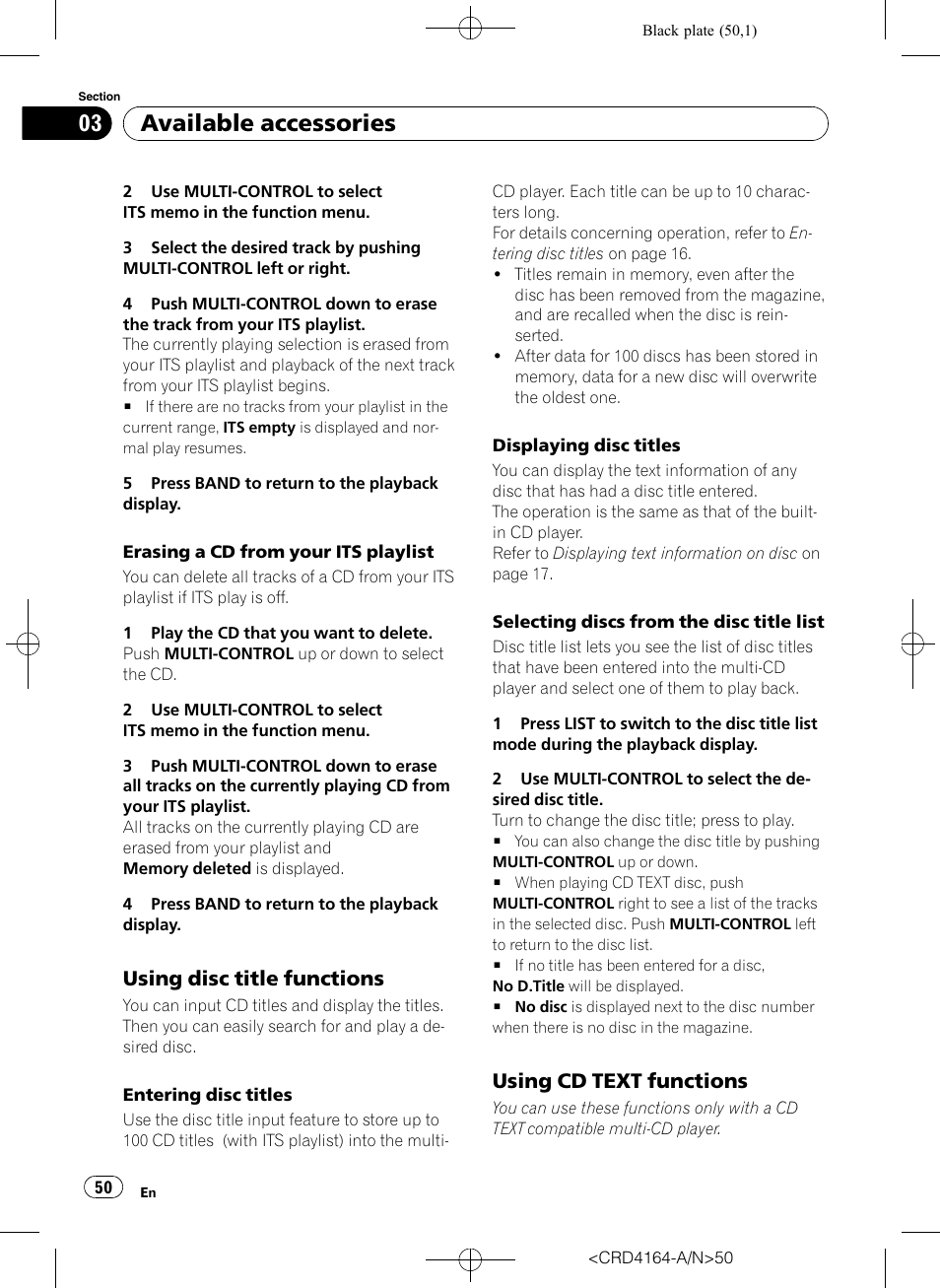 Using disc title functions 50, Using cd text functions 50, Available accessories | Using disc title functions, Using cd text functions | Pioneer SUPER TUNERIII D DEH-P7950UB User Manual | Page 50 / 132
