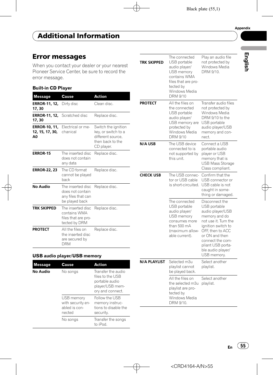 Additional information error messages, Error messages, Additional information | English | Pioneer SUPER TUNERIII D DEH-P7950UB User Manual | Page 55 / 132