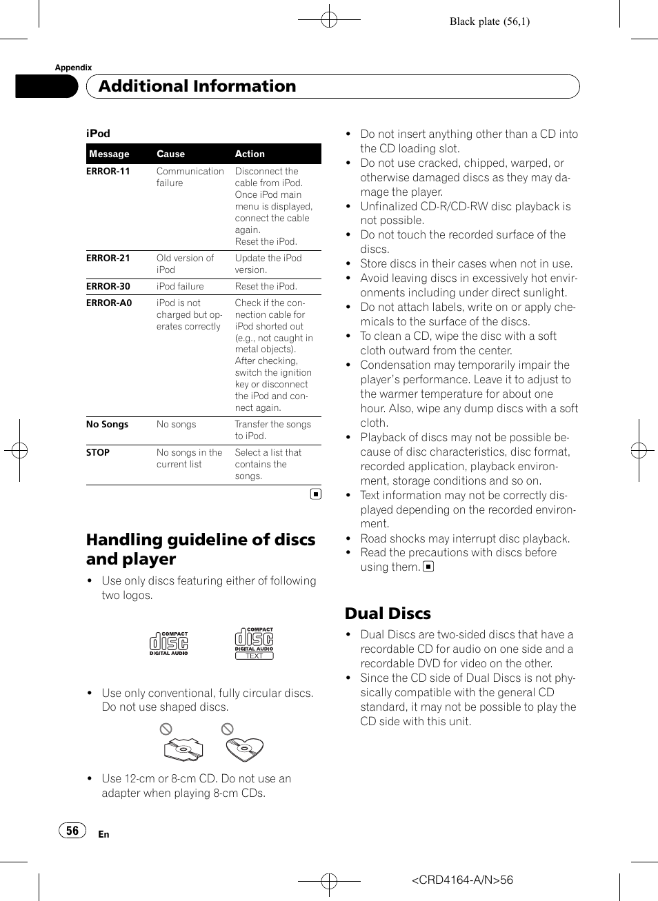 Handling guideline of discs and player, Dual discs, Additional information | Pioneer SUPER TUNERIII D DEH-P7950UB User Manual | Page 56 / 132