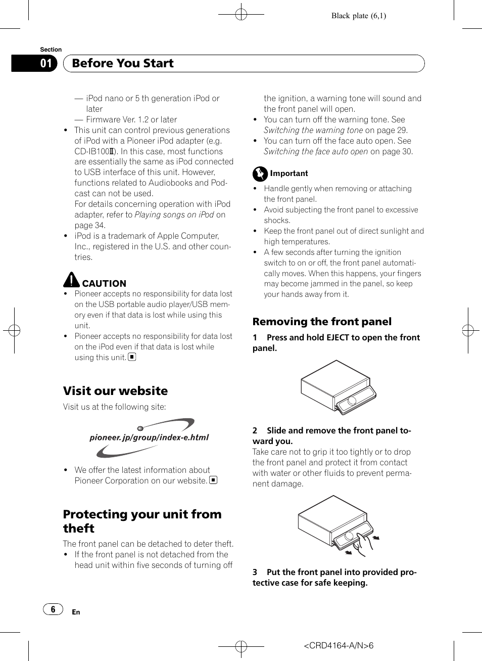 Visit our website, Protecting your unit from theft, Removing the front panel 6 | Before you start, Removing the front panel | Pioneer SUPER TUNERIII D DEH-P7950UB User Manual | Page 6 / 132