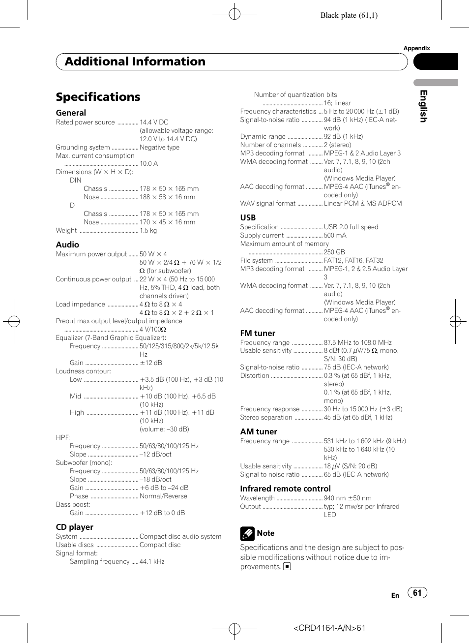 Specifications, Additional information, English | Pioneer SUPER TUNERIII D DEH-P7950UB User Manual | Page 61 / 132