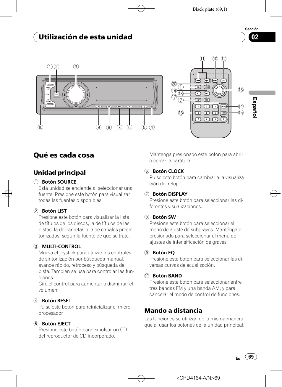 Utilización de esta unidad qué es cada cosa, Unidad principal 69, Mando a distancia 69 | Qué es cada cosa, Utilización de esta unidad | Pioneer SUPER TUNERIII D DEH-P7950UB User Manual | Page 69 / 132
