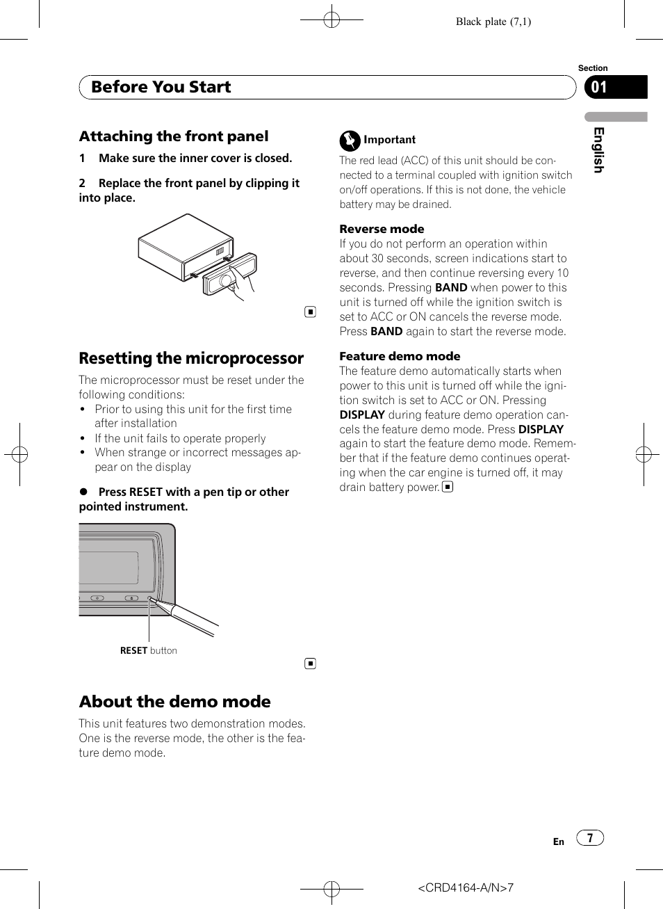 Attaching the front panel 7, Resetting the microprocessor, About the demo mode | Before you start | Pioneer SUPER TUNERIII D DEH-P7950UB User Manual | Page 7 / 132