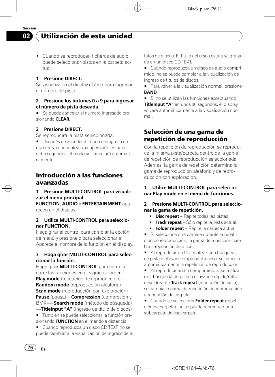 Introducción a las funciones, Avanzadas, Selección de una gama de repetición | De reproducción, Utilización de esta unidad, Introducción a las funciones avanzadas | Pioneer SUPER TUNERIII D DEH-P7950UB User Manual | Page 76 / 132