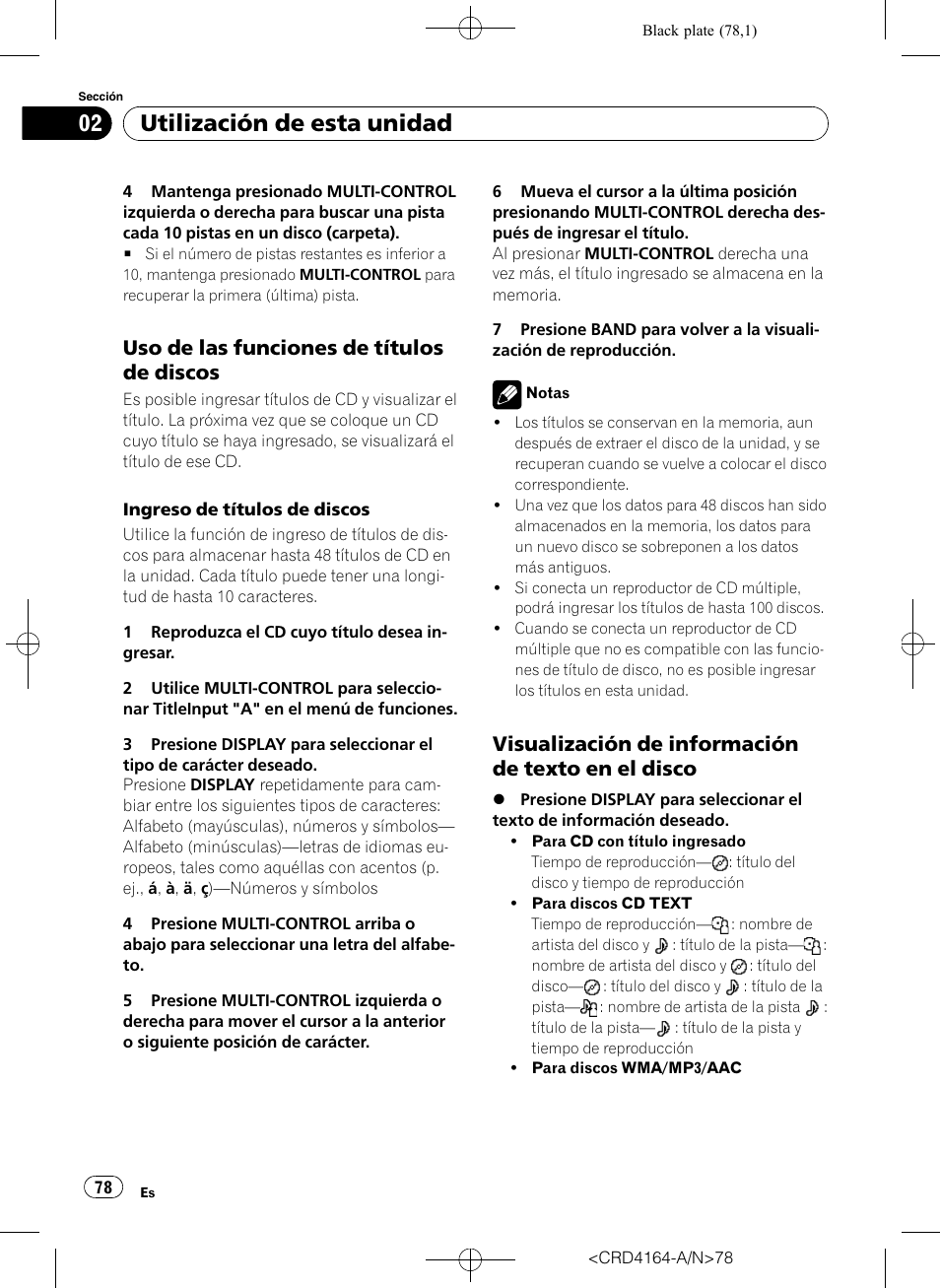 Uso de las funciones de títulos de, Discos, Visualización de información de texto | En el disco, Utilización de esta unidad, Uso de las funciones de títulos de discos, Visualización de información de texto en el disco | Pioneer SUPER TUNERIII D DEH-P7950UB User Manual | Page 78 / 132