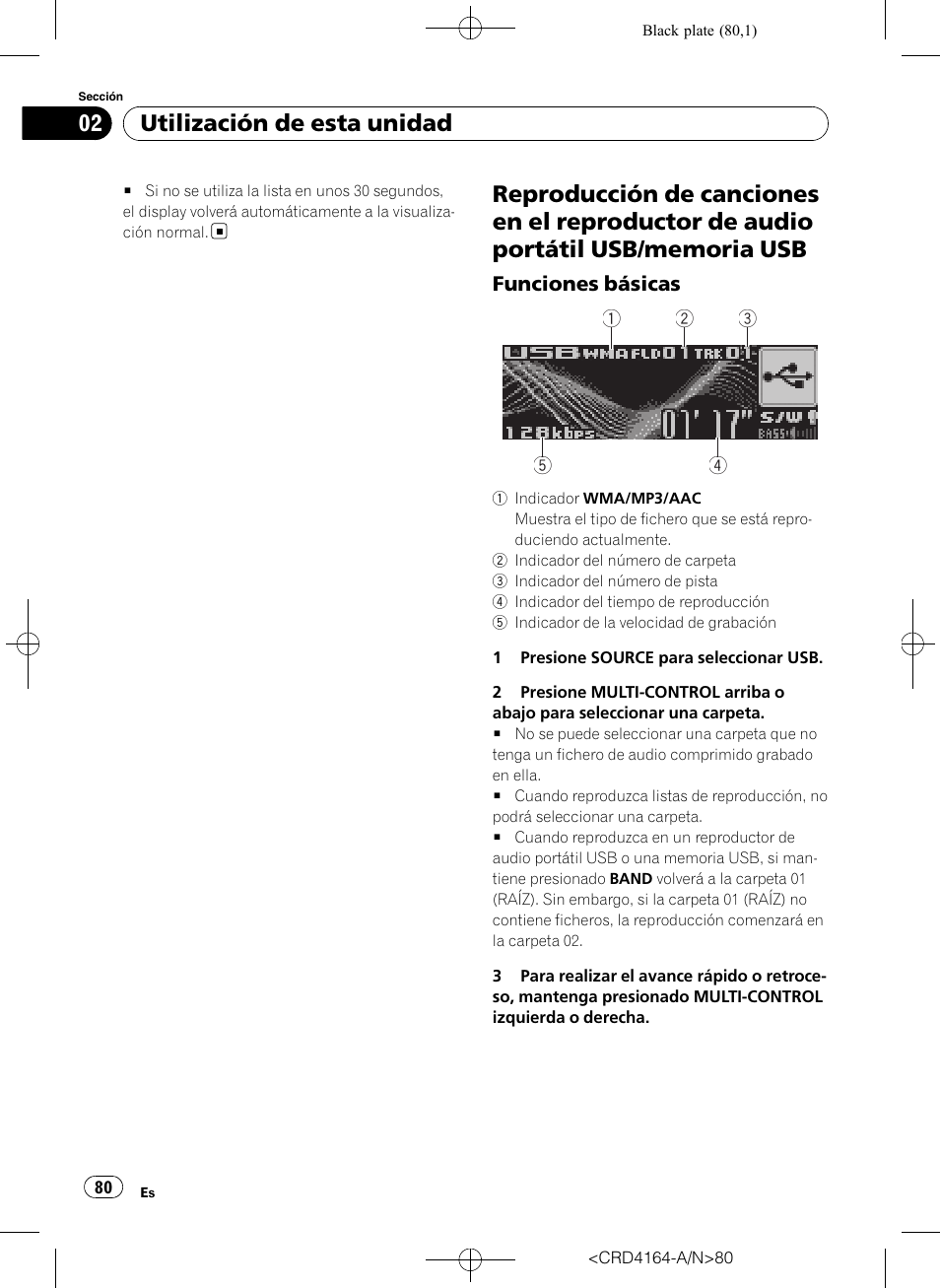 Reproducción de canciones en el, Reproductor de audio portátil usb/ memoria usb, Funciones básicas 80 | Utilización de esta unidad | Pioneer SUPER TUNERIII D DEH-P7950UB User Manual | Page 80 / 132