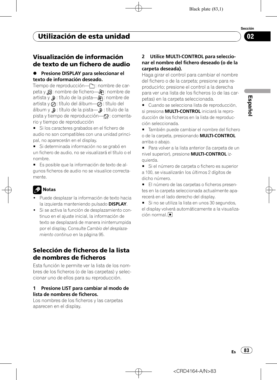 Visualización de información de texto, De un fichero de audio, Selección de ficheros de la lista de | Nombres de ficheros, Utilización de esta unidad | Pioneer SUPER TUNERIII D DEH-P7950UB User Manual | Page 83 / 132