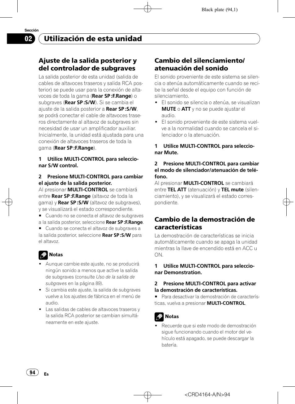 Ajuste de la salida posterior y del, Controlador de subgraves, Cambio del silenciamiento/atenuación | Del sonido, Cambio de la demostración de, Características, Utilización de esta unidad, Cambio del silenciamiento/ atenuación del sonido, Cambio de la demostración de características | Pioneer SUPER TUNERIII D DEH-P7950UB User Manual | Page 94 / 132