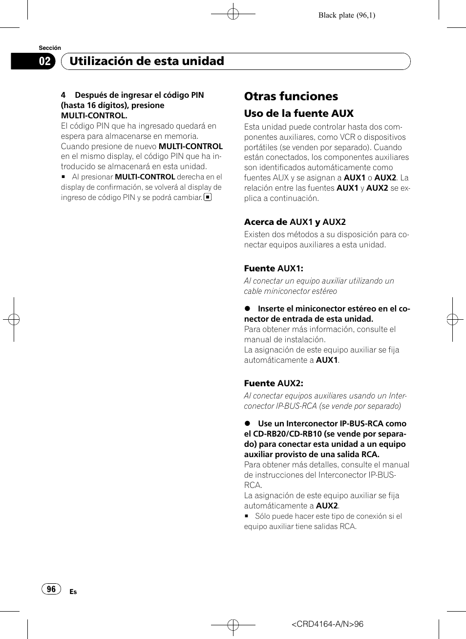Otras funciones, Uso de la fuente aux 96, Utilización de esta unidad | Pioneer SUPER TUNERIII D DEH-P7950UB User Manual | Page 96 / 132