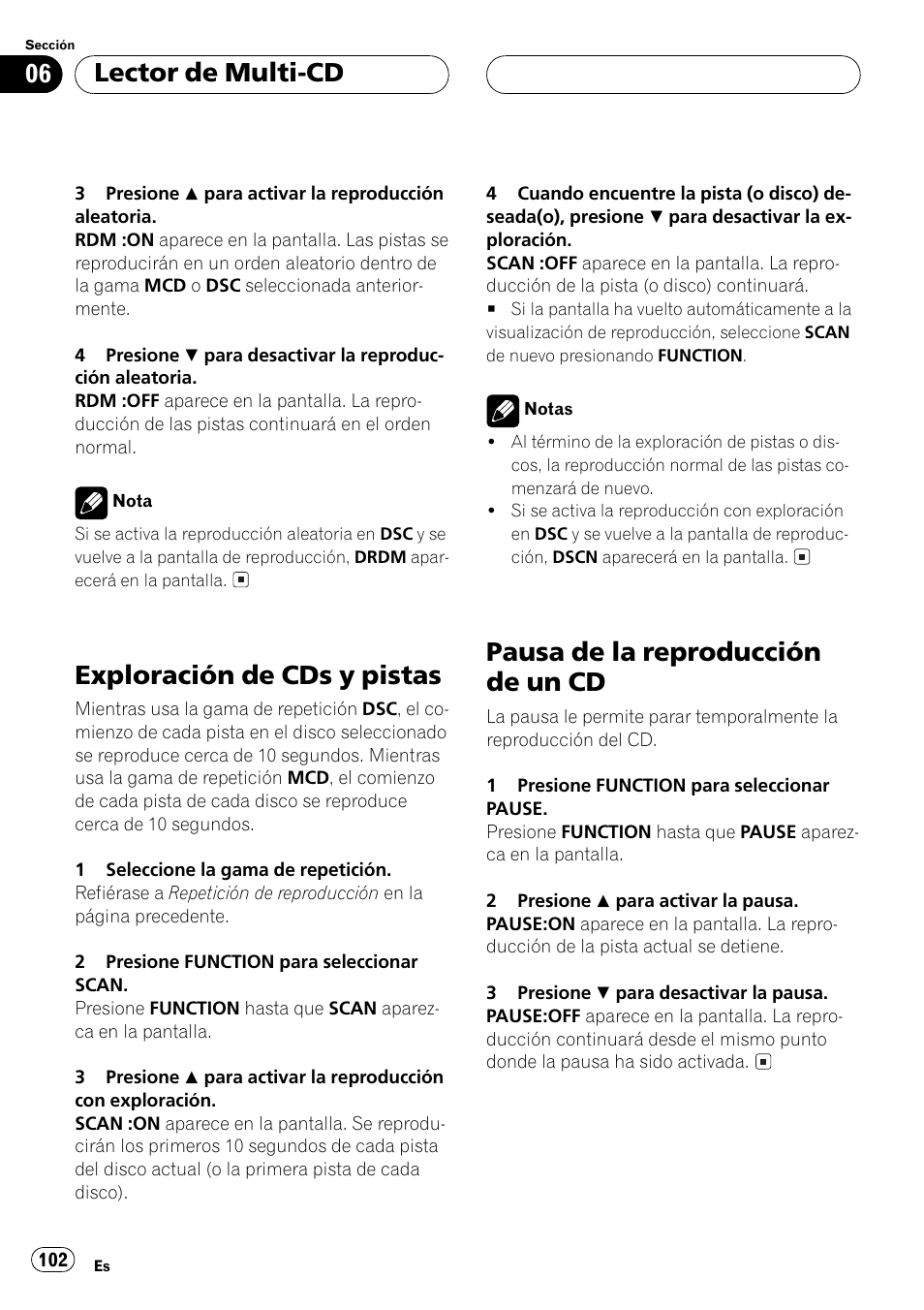 Exploración de cds y pistas 102, Pausa de la reproducción de un cd 102, Exploración de cds y pistas | Pausa de la reproducción de un cd, Lector de multi-cd | Pioneer DEH-P3500 User Manual | Page 102 / 124
