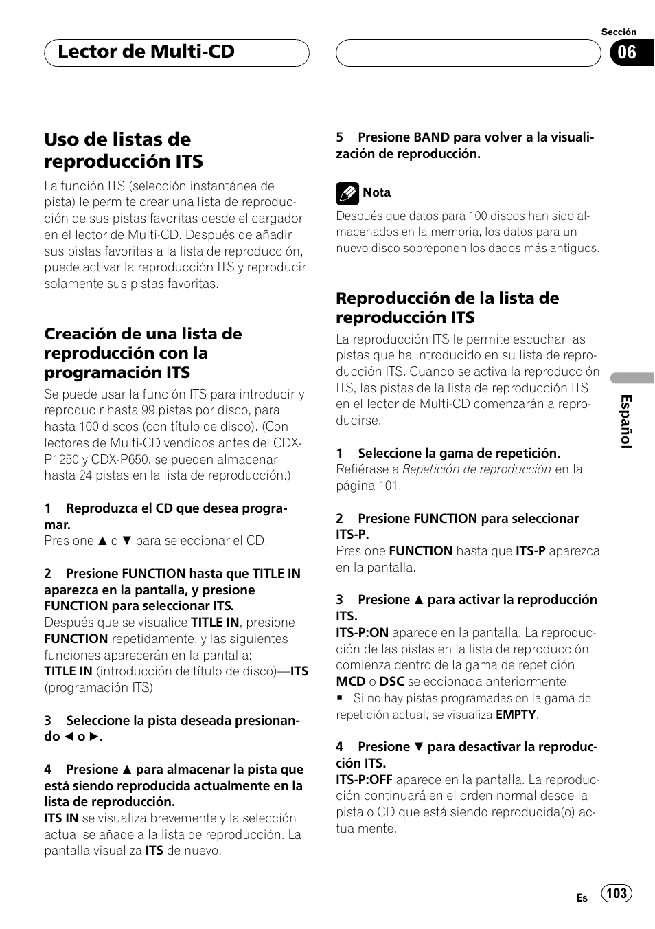 Uso de listas de reproducción its 103, Creación de una lista de reproducción, Con la programación its 103 | Reproducción de la lista de, Reproducción its 103, Uso de listas de reproducción its, Lector de multi-cd | Pioneer DEH-P3500 User Manual | Page 103 / 124