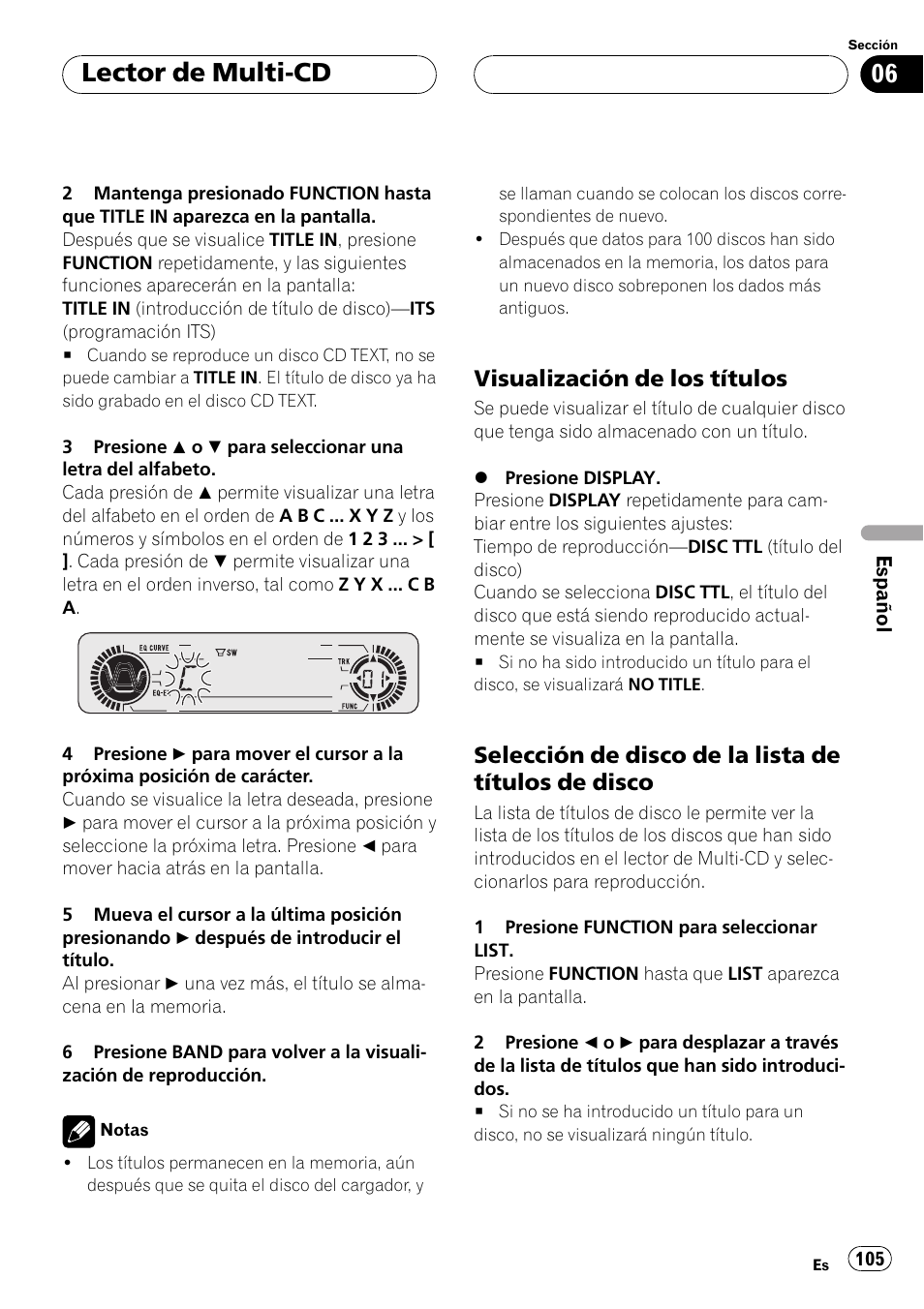Visualización de los títulos 105, Selección de disco de la lista de, Títulos de disco 105 | Lector de multi-cd, Visualización de los títulos, Selección de disco de la lista de títulos de disco | Pioneer DEH-P3500 User Manual | Page 105 / 124