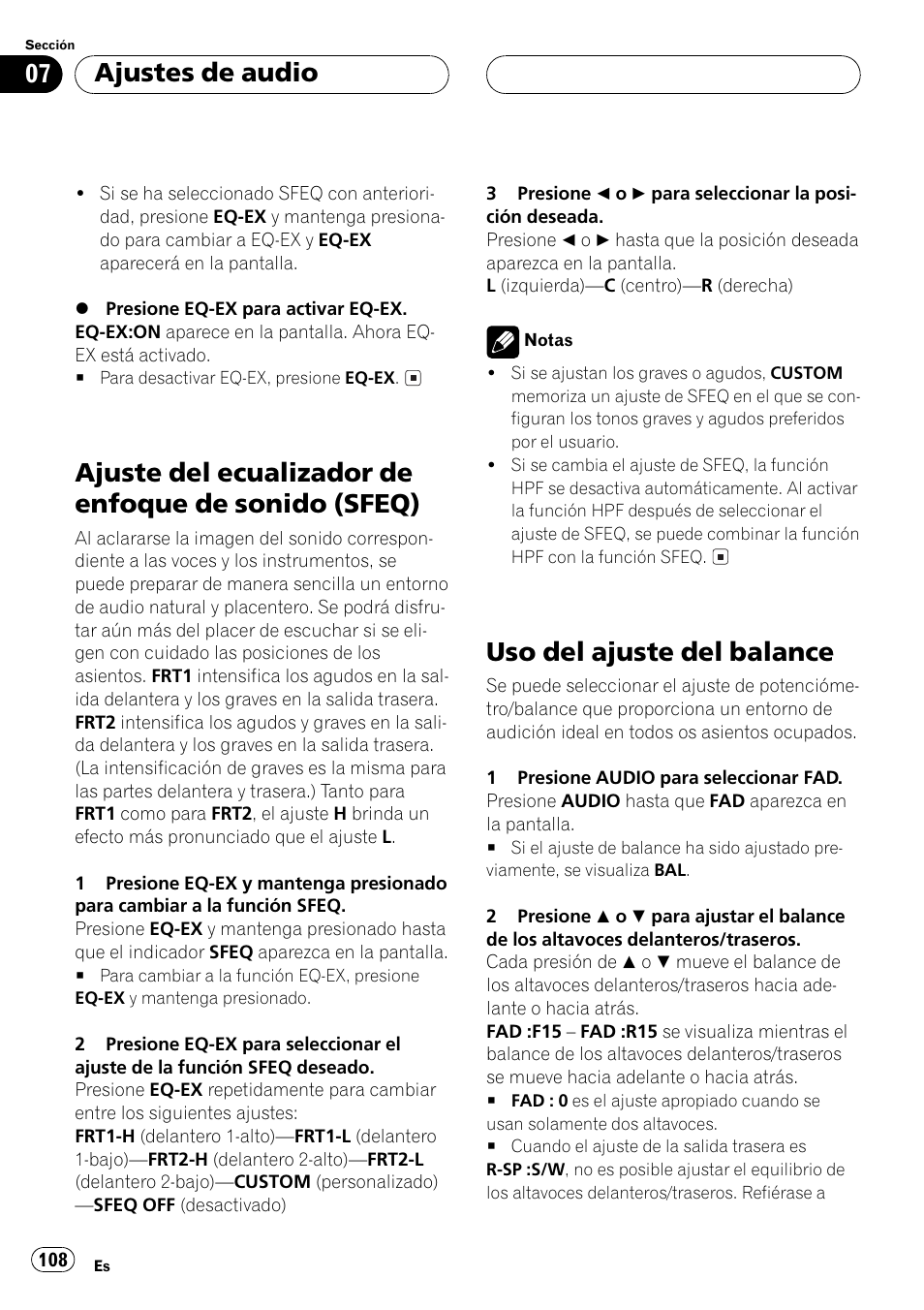 Ajuste del ecualizador de enfoque de sonido, Sfeq) 108, Uso del ajuste del balance 108 | Ajuste del ecualizador de enfoque de sonido (sfeq), Uso del ajuste del balance, Ajustes de audio | Pioneer DEH-P3500 User Manual | Page 108 / 124