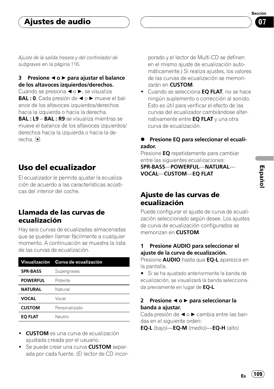 Uso del ecualizador 109, Llamada de las curvas de, Ecualización 109 | Ajuste de las curvas de, Uso del ecualizador, Ajustes de audio, Llamada de las curvas de ecualización, Ajuste de las curvas de ecualización | Pioneer DEH-P3500 User Manual | Page 109 / 124