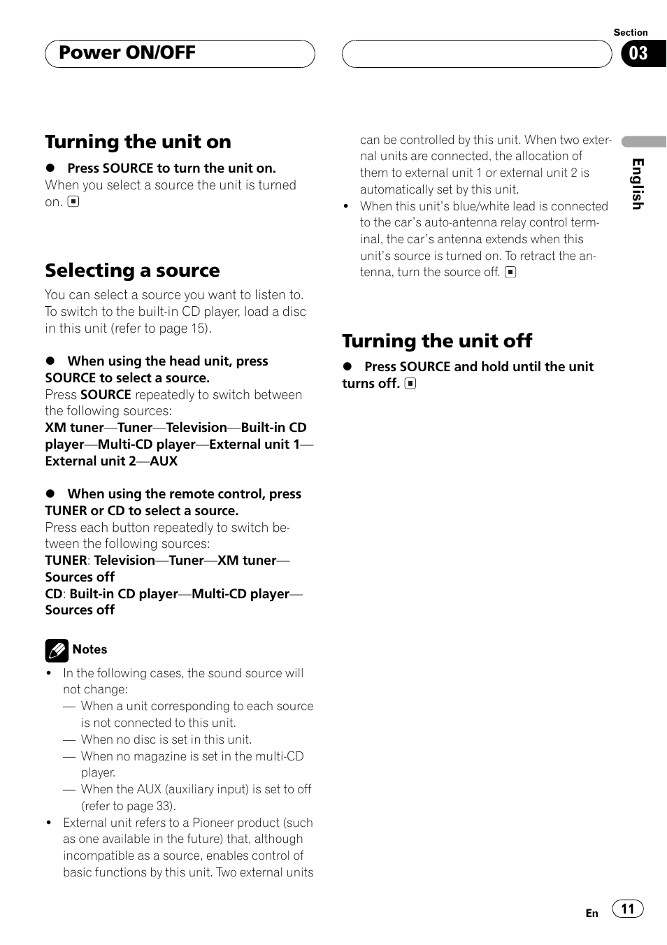 Turning the unit on, Selecting a source, Turning the unit off | Power on/off | Pioneer DEH-P3500 User Manual | Page 11 / 124