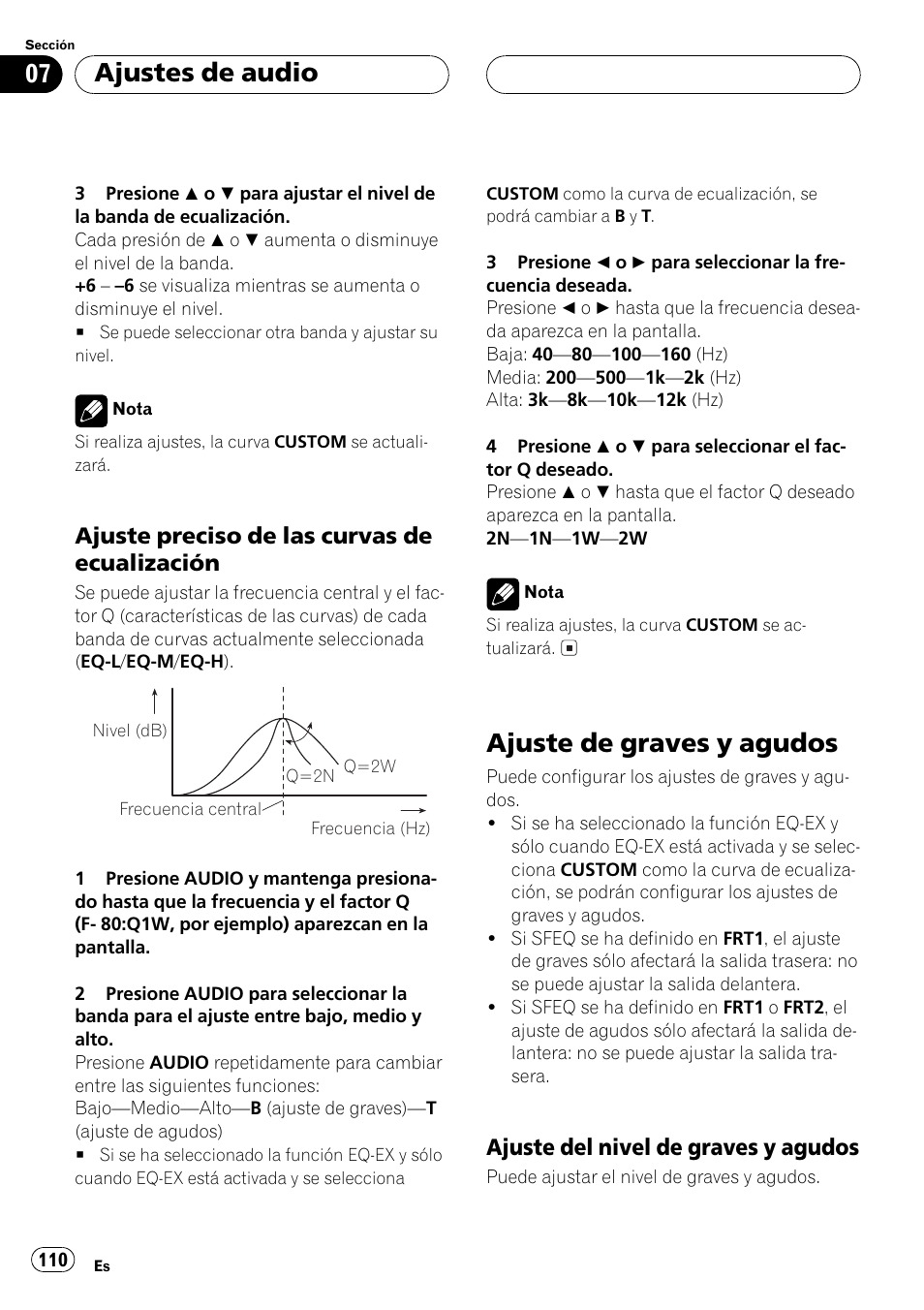 Ajuste preciso de las curvas de, Ecualización 110, Ajuste de graves y agudos 110 | Ajuste del nivel de graves y, Agudos 110, Ajuste de graves y agudos, Ajustes de audio, Ajuste preciso de las curvas de ecualización, Ajuste del nivel de graves y agudos | Pioneer DEH-P3500 User Manual | Page 110 / 124
