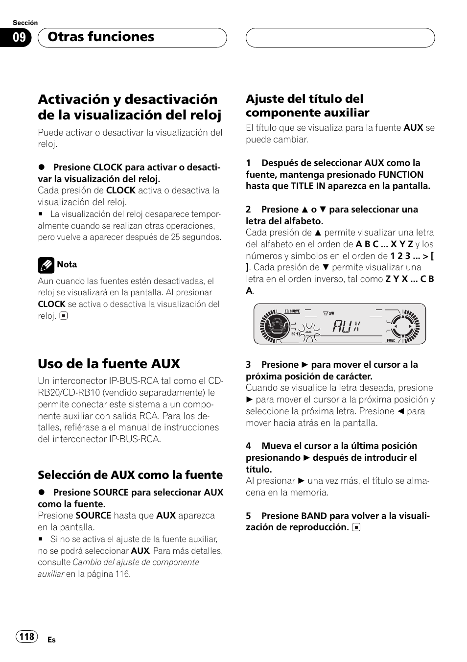 Otras funciones, Activación y desactivación de la visualización, Del reloj 118 | Uso de la fuente aux 118, Selección de aux como la, Fuente 118, Ajuste del título del componente, Auxiliar 118, Uso de la fuente aux | Pioneer DEH-P3500 User Manual | Page 118 / 124