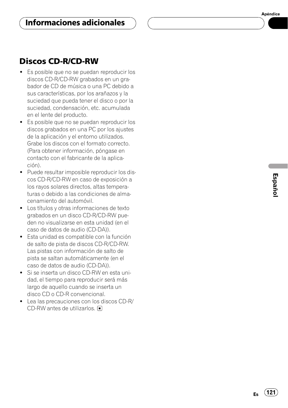 Discos cd-r/cd-rw 121, Discos cd-r/cd-rw, Informaciones adicionales | Pioneer DEH-P3500 User Manual | Page 121 / 124