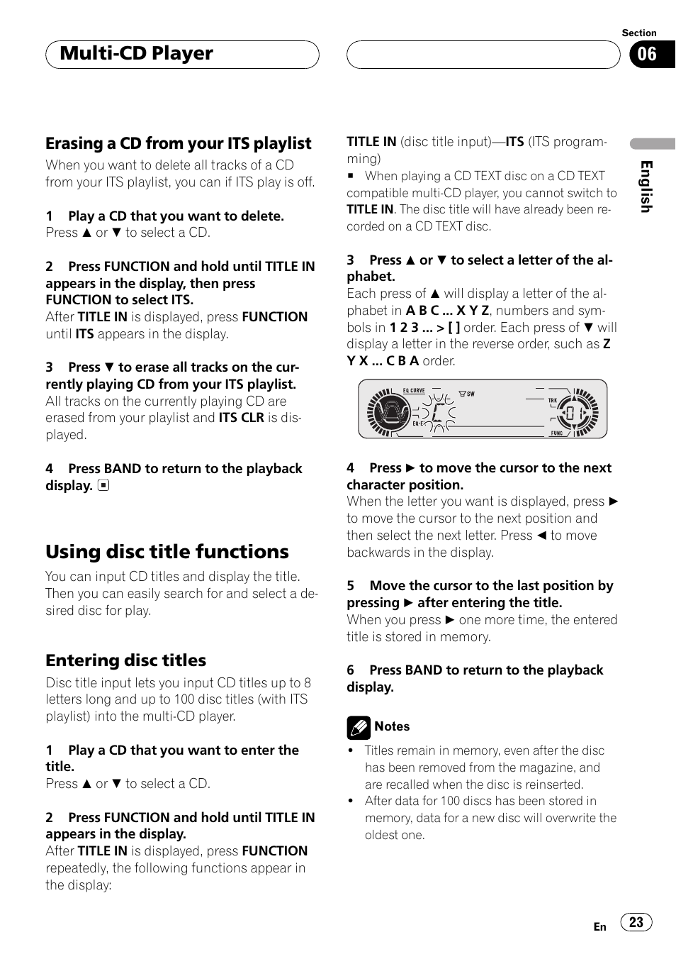 Erasing a cd from your its, Playlist 23, Using disc title functions 23 | Entering disc titles 23, Using disc title functions, Multi-cd player, Erasing a cd from your its playlist, Entering disc titles | Pioneer DEH-P3500 User Manual | Page 23 / 124