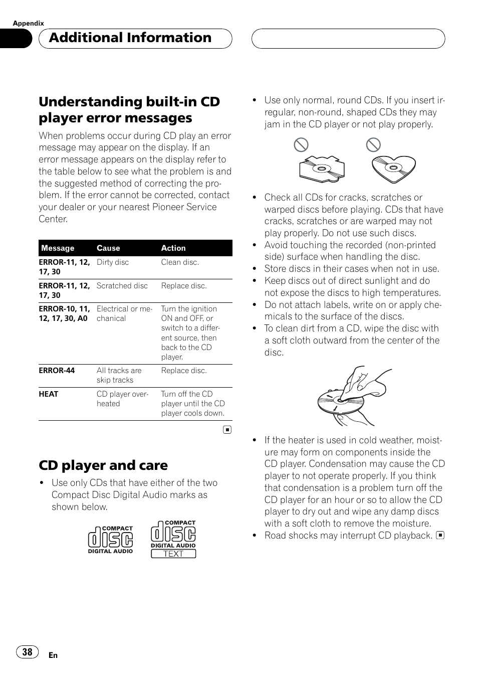 Messages 38, Cd player and care 38, Understanding built-in cd player error messages | Cd player and care, Additional information | Pioneer DEH-P3500 User Manual | Page 38 / 124