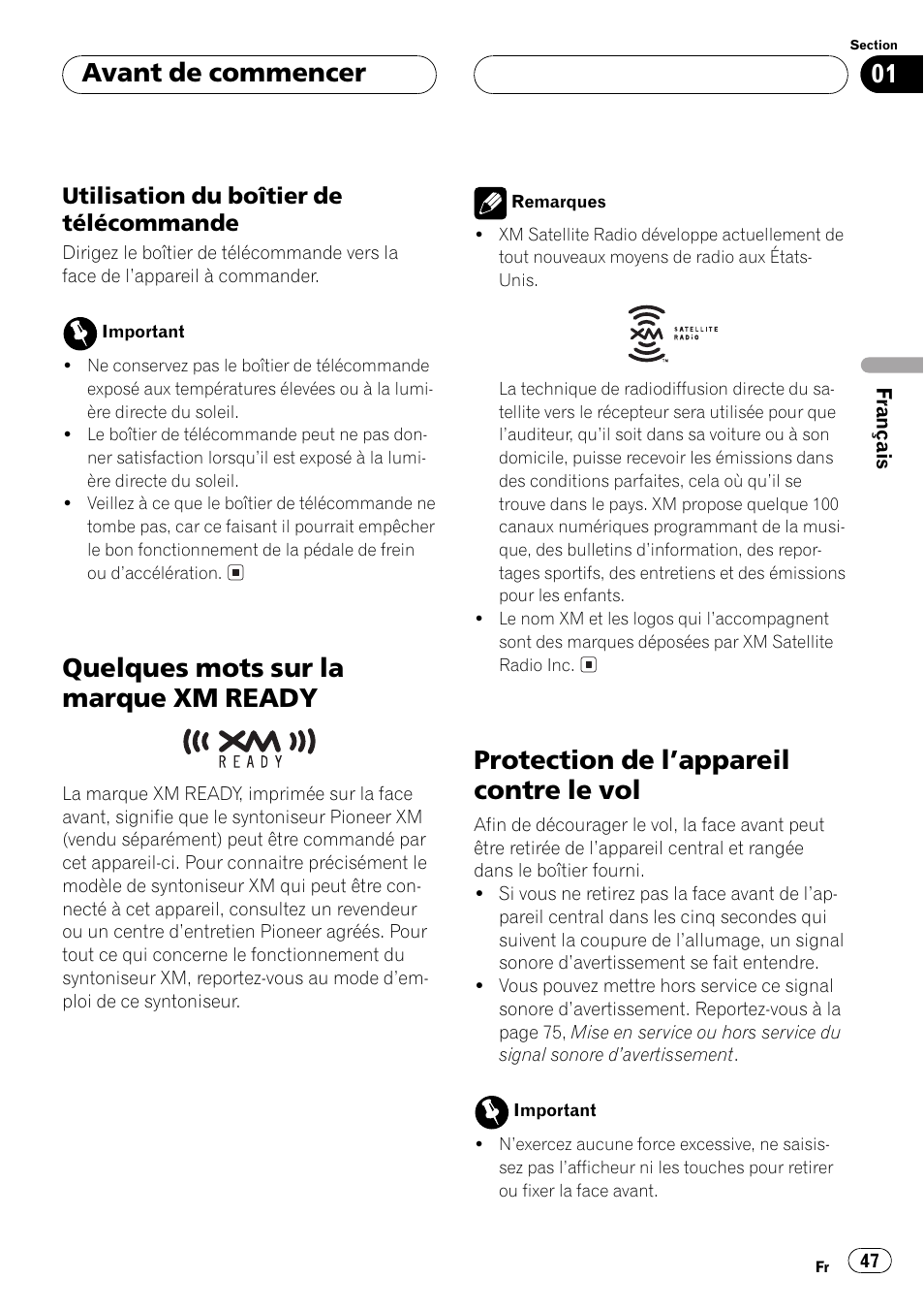 Utilisation du boîtier de, Télécommande 47, Quelques mots sur la marque xm | Ready 47, Protection de lappareil contre le vol 47, Quelques mots sur la marque xmready, Protection de lappareil contre le vol, Avant de commencer | Pioneer DEH-P3500 User Manual | Page 47 / 124