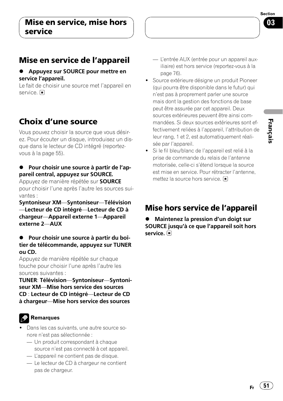Mise en service, mise hors service, Mise en service de lappareil 51, Choix dune source 51 | Mise hors service de lappareil 51, Mise en service de lappareil, Choix dune source, Mise hors service de lappareil | Pioneer DEH-P3500 User Manual | Page 51 / 124