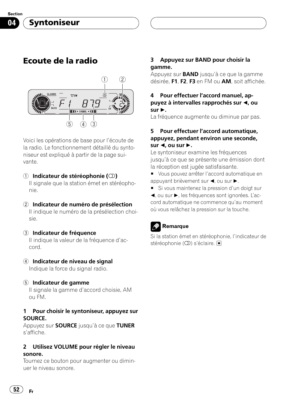 Syntoniseur, Ecoute de la radio 52, Ecoute de la radio | Pioneer DEH-P3500 User Manual | Page 52 / 124