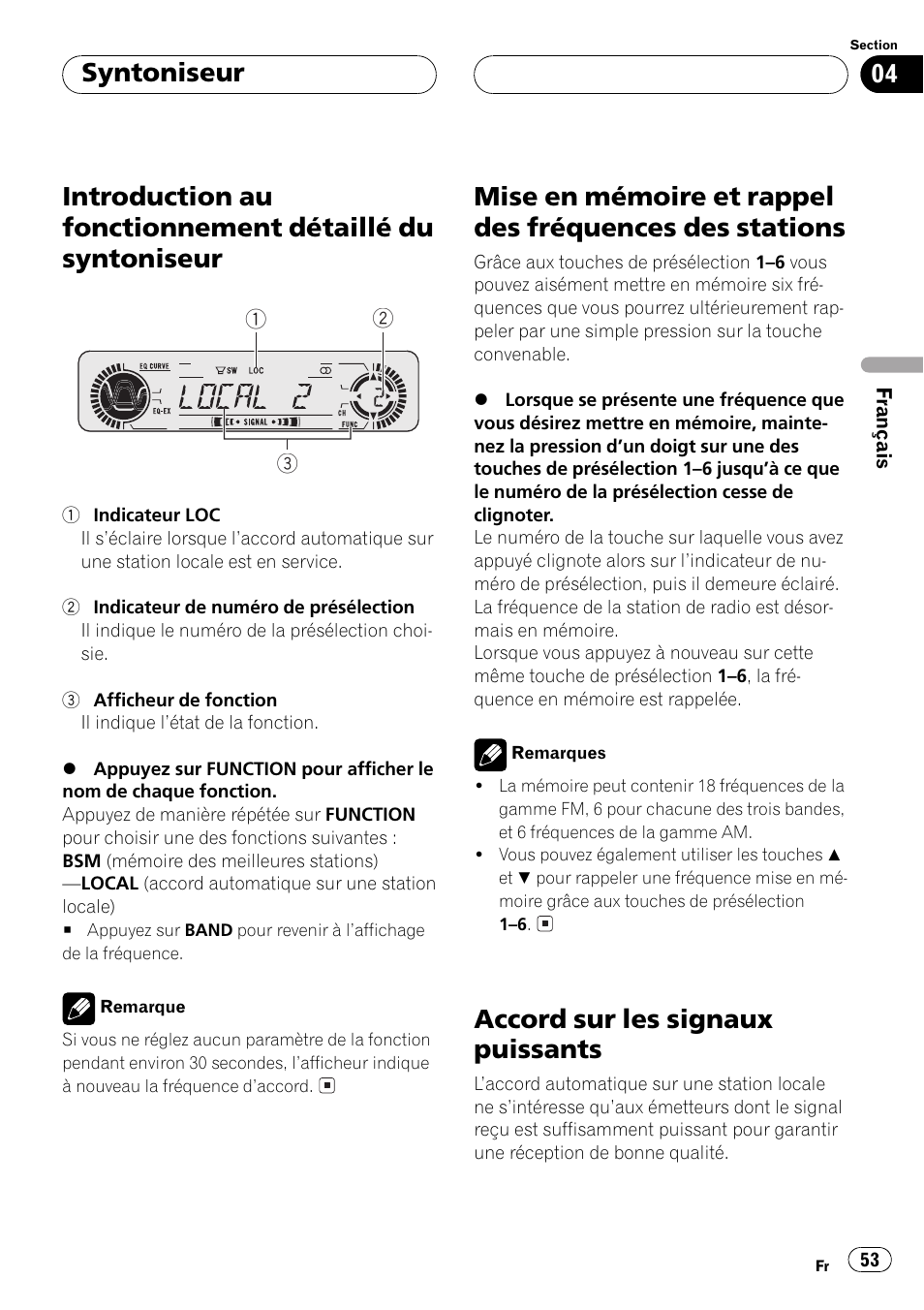Introduction au fonctionnement détaillé du, Syntoniseur 53, Mise en mémoire et rappel des fréquences | Des stations 53, Accord sur les signaux puissants 53, Accord sur les signaux puissants, Syntoniseur | Pioneer DEH-P3500 User Manual | Page 53 / 124