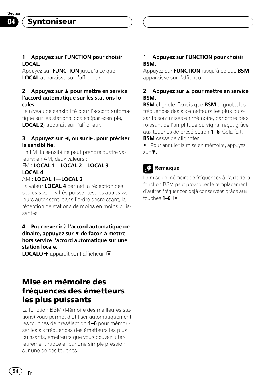 Mise en mémoire des fréquences des, Émetteurs les plus puissants 54, Syntoniseur | Pioneer DEH-P3500 User Manual | Page 54 / 124