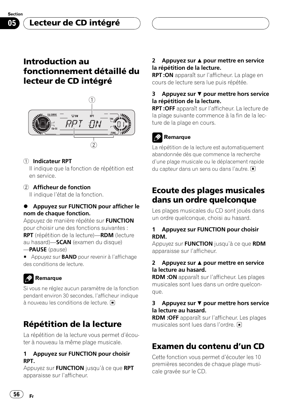 Introduction au fonctionnement détaillé du, Lecteur de cd intégré 56, Répétition de la lecture 56 | Ecoute des plages musicales dans un ordre, Quelconque 56, Examen du contenu dun cd 56, Répétition de la lecture, Examen du contenu dun cd, Lecteur de cd intégré | Pioneer DEH-P3500 User Manual | Page 56 / 124